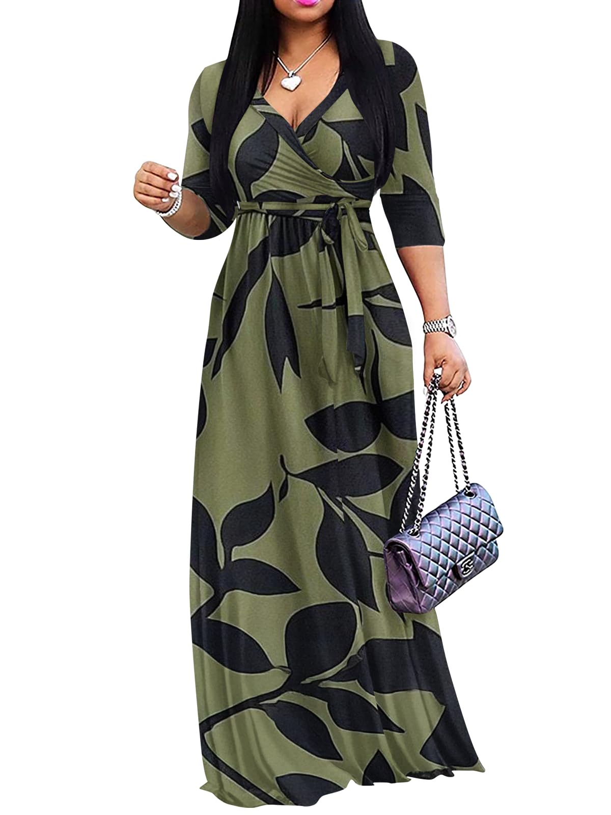 Yajedo Womens Casual Summer Maxi Dress Plus Size Sexy Wrap V Neck 3/4 Sleeve Sundress with Pockets