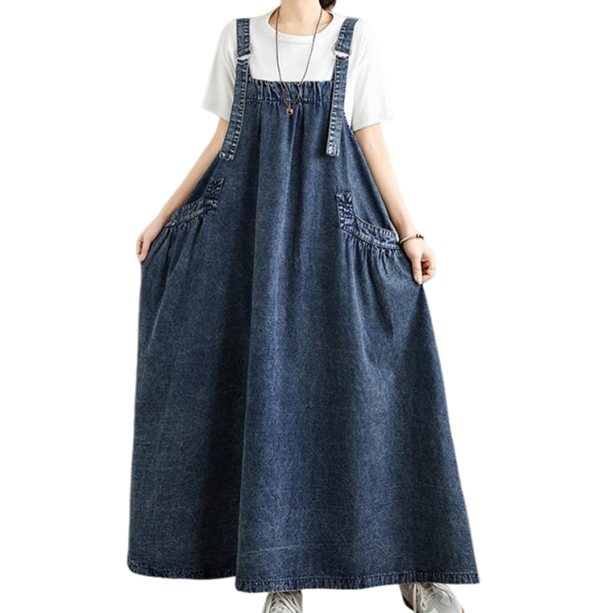 Women's Casual Loose Denim Dress Sleeveless Adjustable Straps Denim Jumper Dress with Pockets