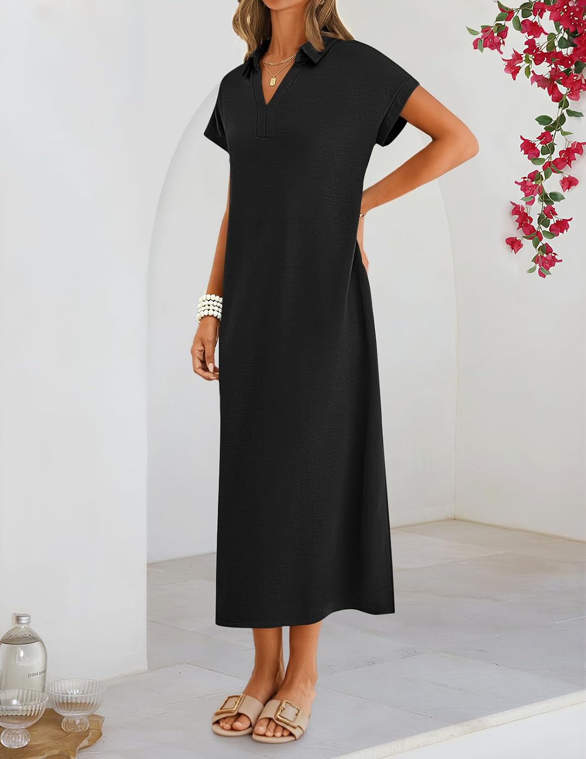 MEROKEETY Women's Summer Casual V Neck Collared T Shirt Long Maxi Dress