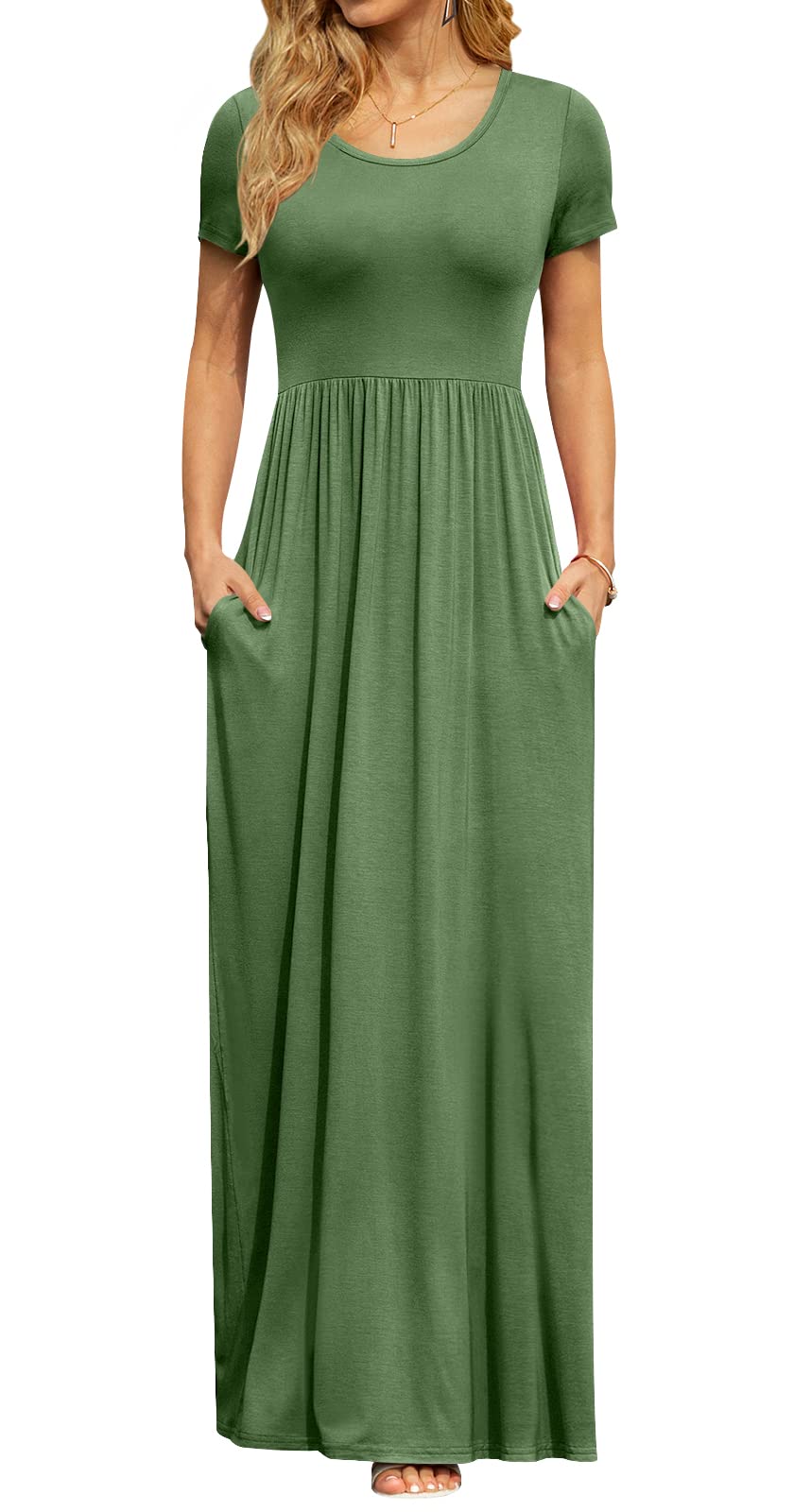 DB MOON Women's Summer Maxi Dress Casual Short Sleeve Empire Waist Pockets