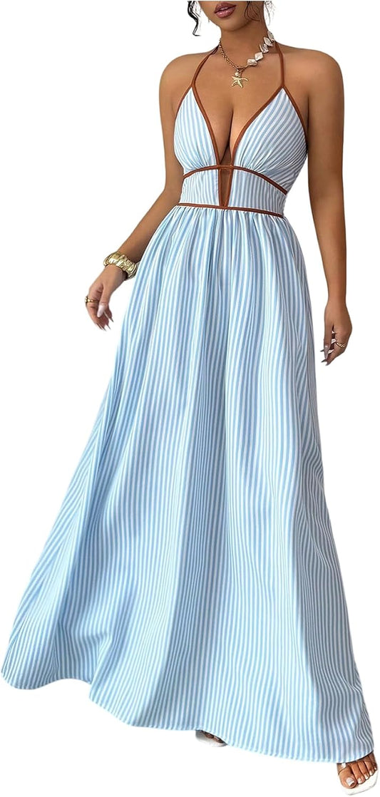 Floerns Women's Striped Halter Maxi Dress Backless Smocked Boho Dress