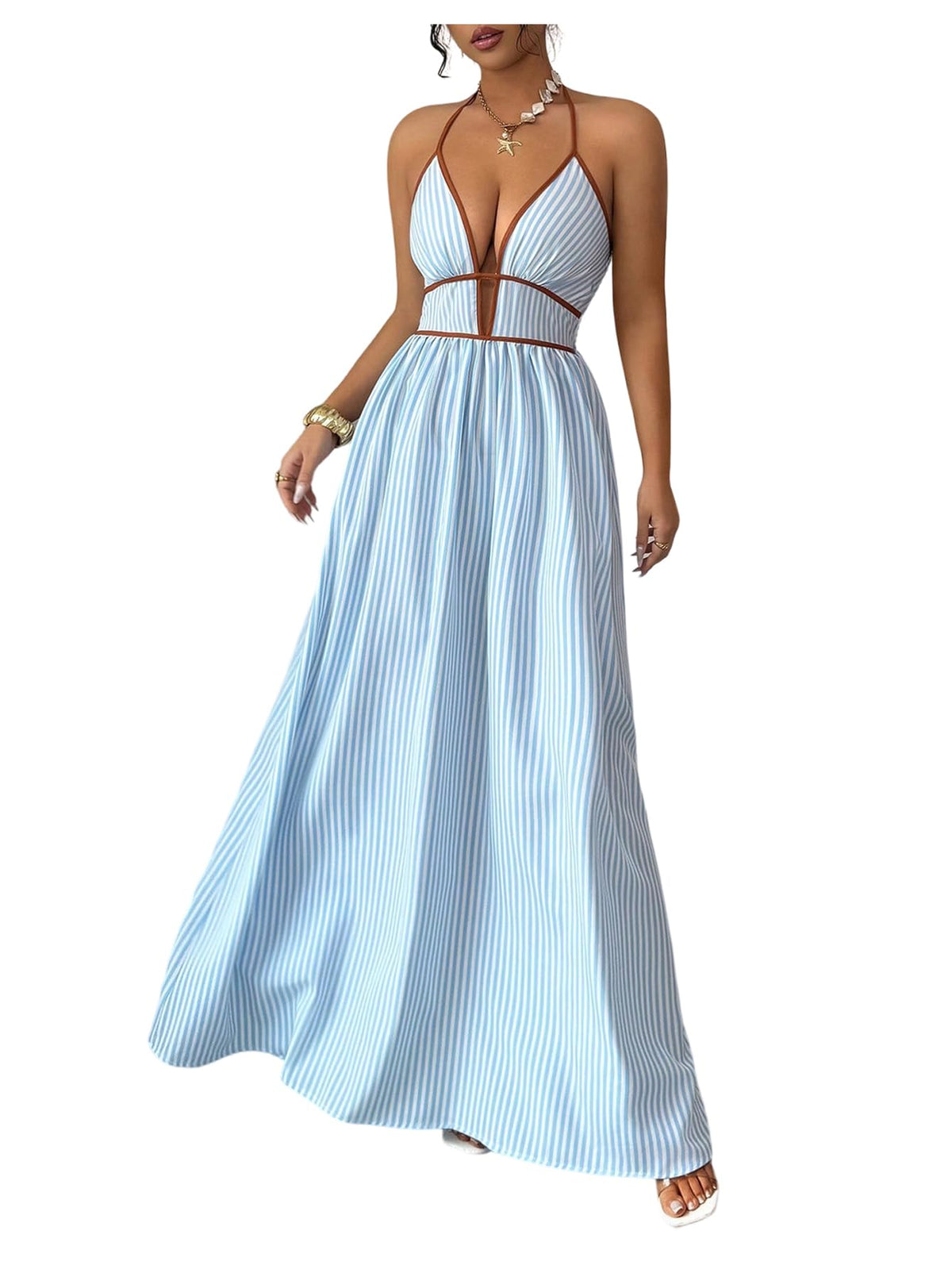 Floerns Women's Striped Halter Maxi Dress Backless Smocked Boho Dress