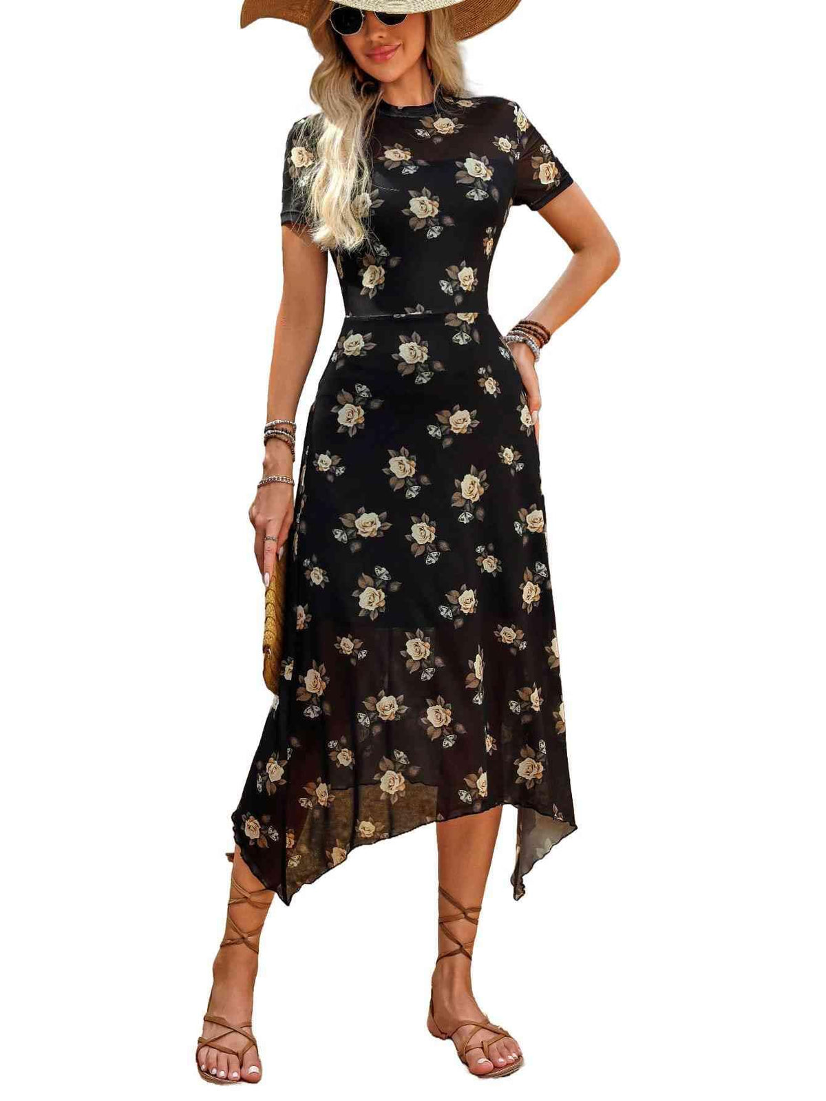 GothDark Women Summer Wedding Guest Floral Mesh Irregular Hem Midi Dress