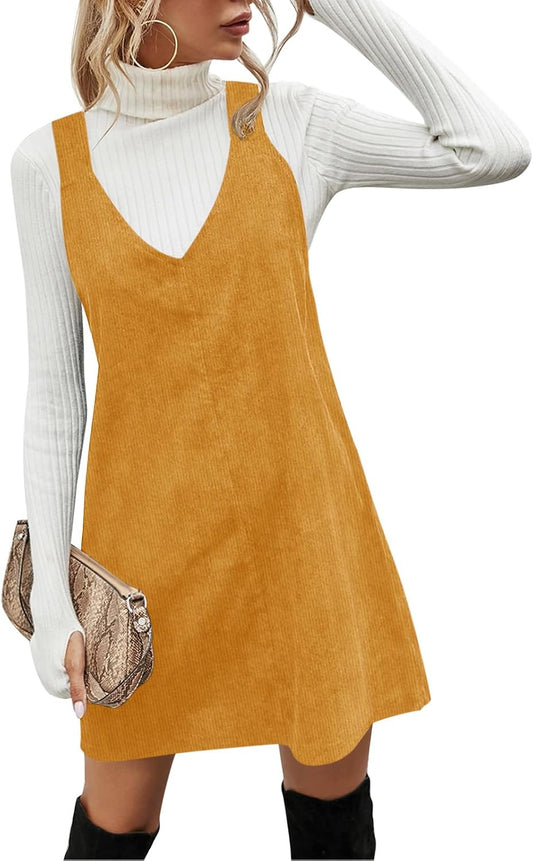 Koinshha Women Corduroy Overall Dress Fall Pinafore Mini Dresses
