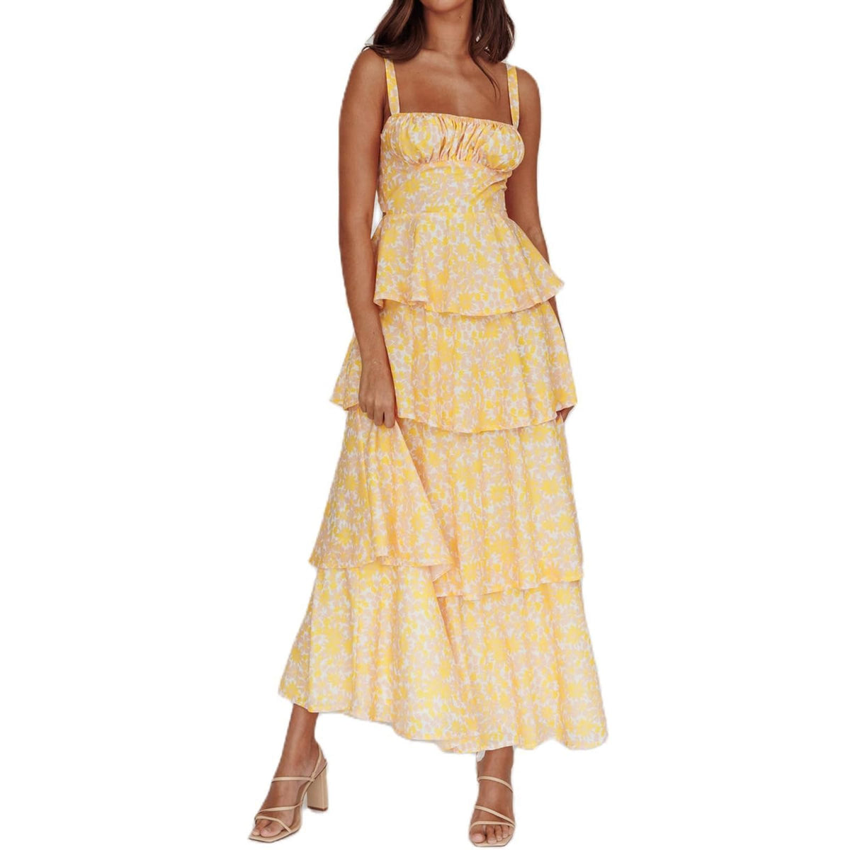 ABYOVRT Women Floral Maxi Dress Sleeveless Bow Back Tiered Boho Flowy Long Dresses Summer Fall
