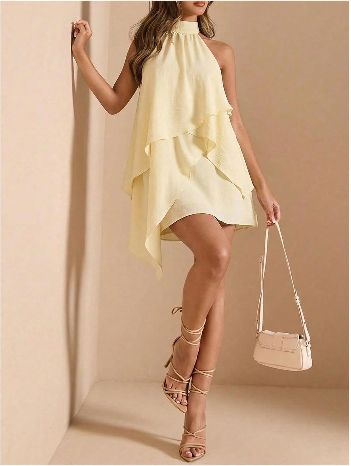 Verdusa Women's Halter Dresses Ruffle Backless Flowy Wedding Guest Dress