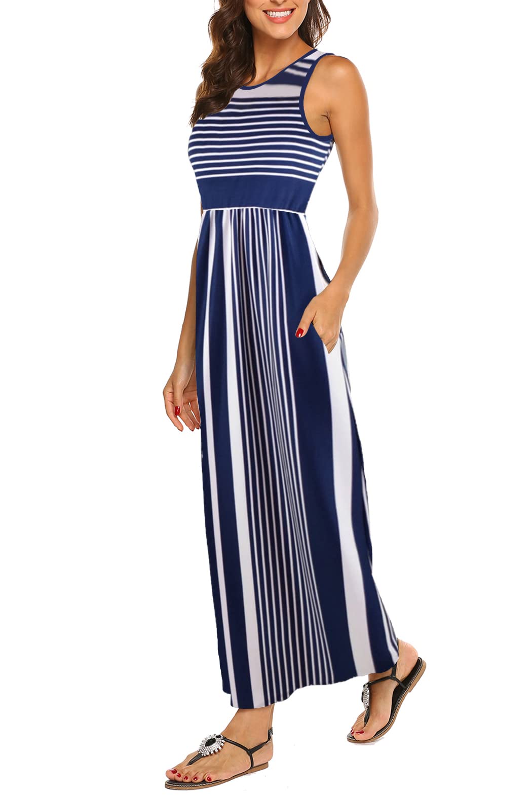 Hount Women's Summer Sleeveless Striped Flowy Casual Long Maxi Dress with Pockets
