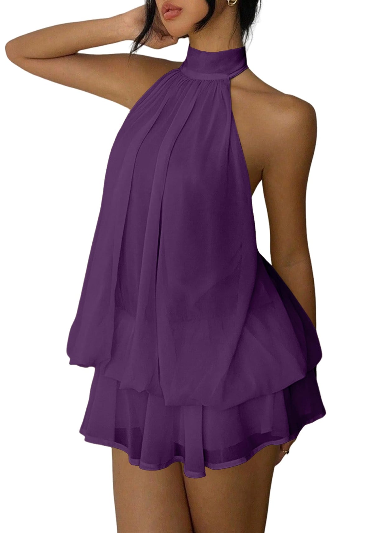 Women's Chiffon Halter Drop Waist Mini Dress Wedding Guest Dresses Ruffle Formal Holiday Club Brunch Outfits
