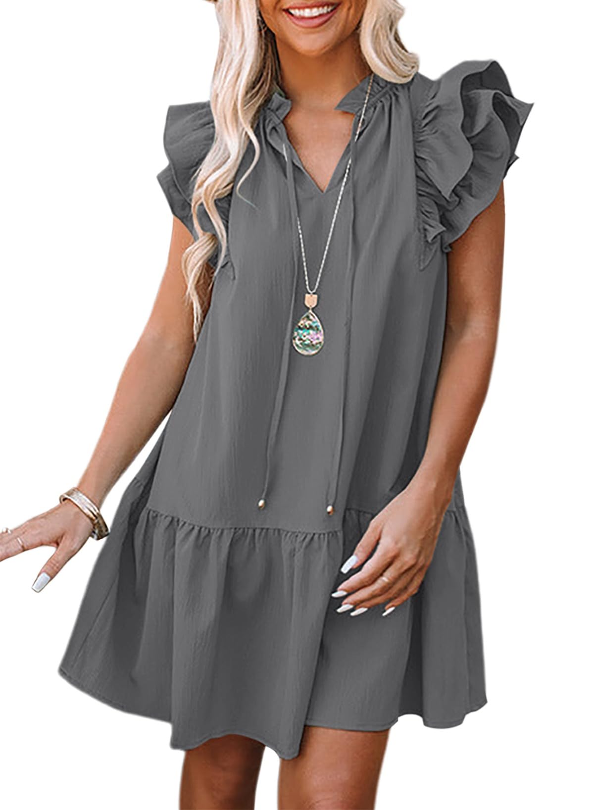 Dokotoo Womens Summer Dresses 2026 V-Neck Drawstring Ruffle Cap Short Sleeve Side Pockets Mini Dress Sundress