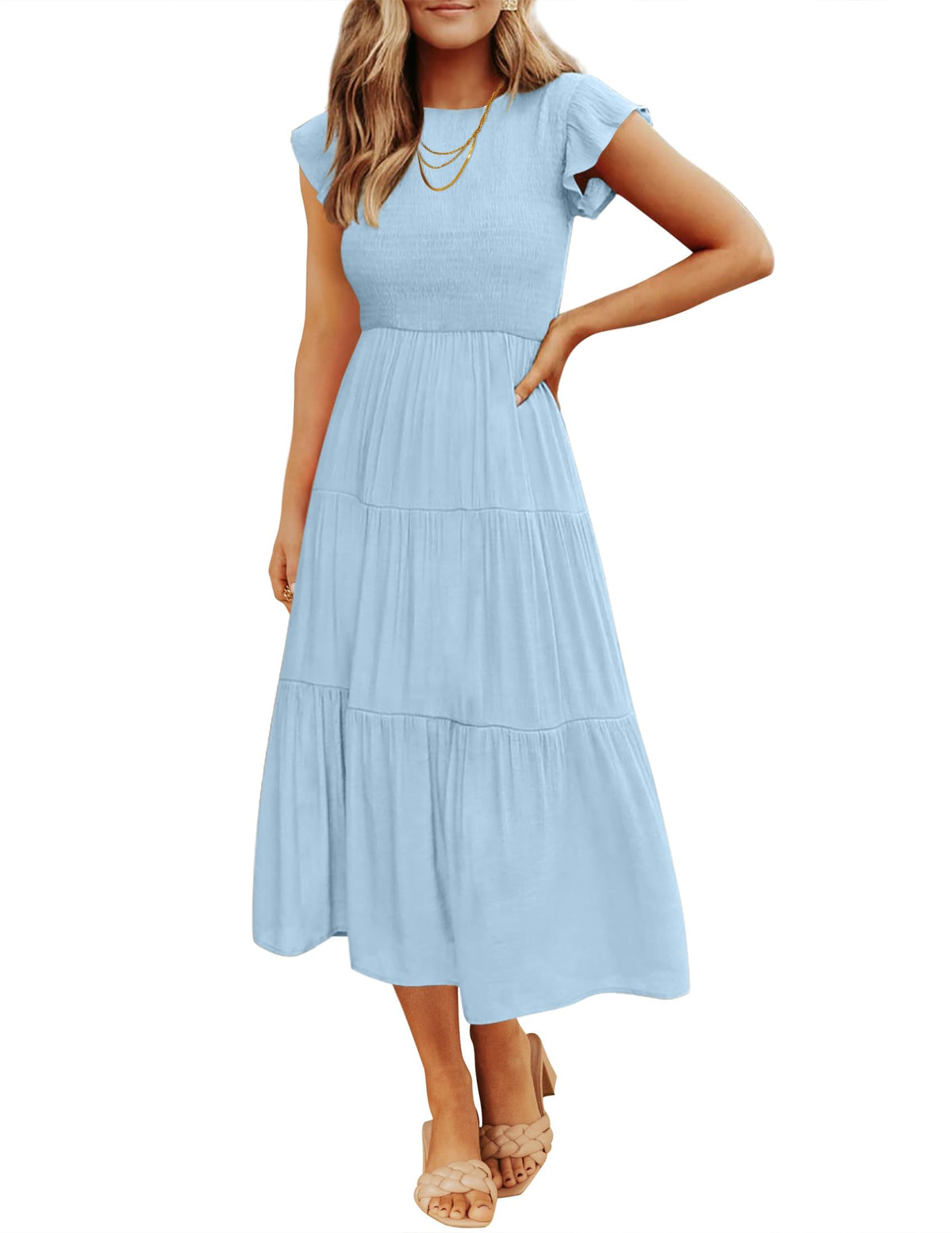 ZESICA Women's 2026 Summer Casual Flutter Short Sleeve Smocked Midi Dress