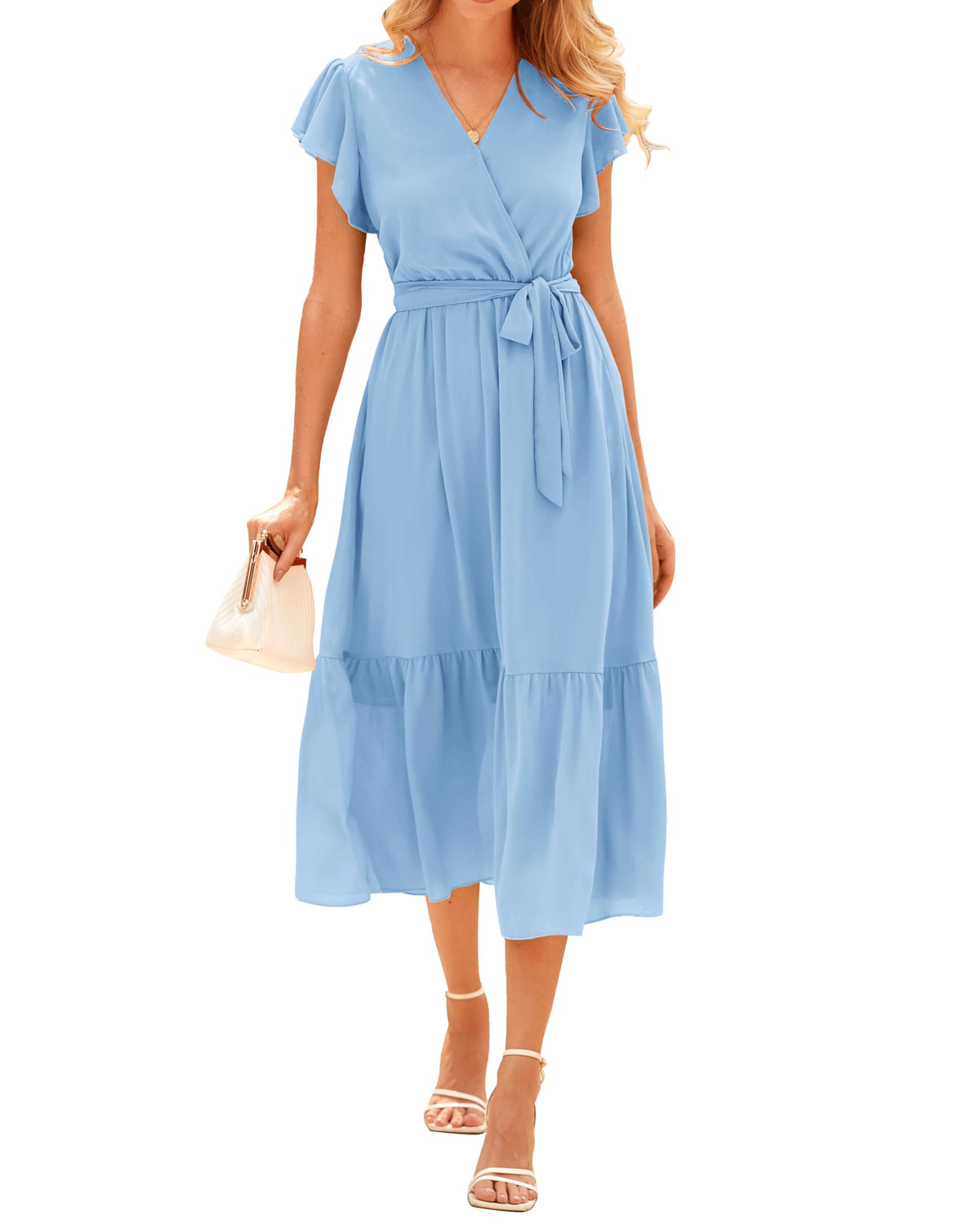 BTFBM Women Summer Casual Wrap V Neck Ruffle Cap Sleeve Belted Midi Dress