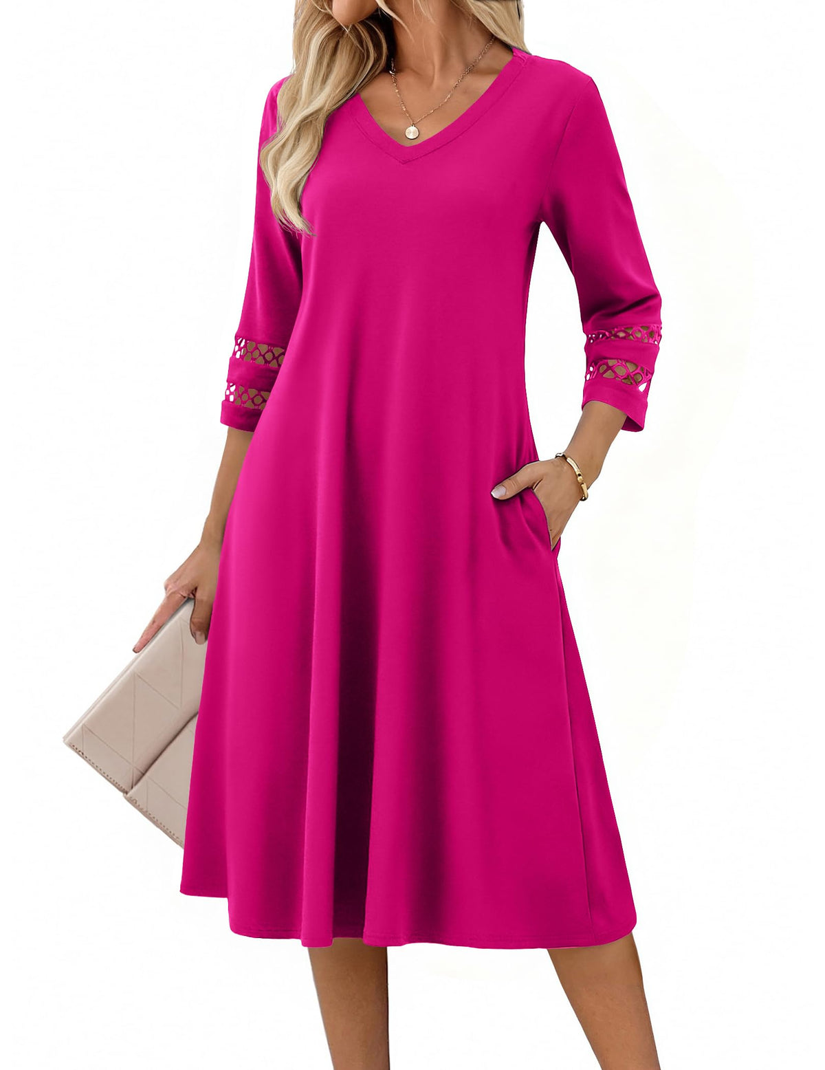 Zeagoo Women's Dresses 3/4 Sleeve Casual V-Neck A Line Eyelet Midi Dress