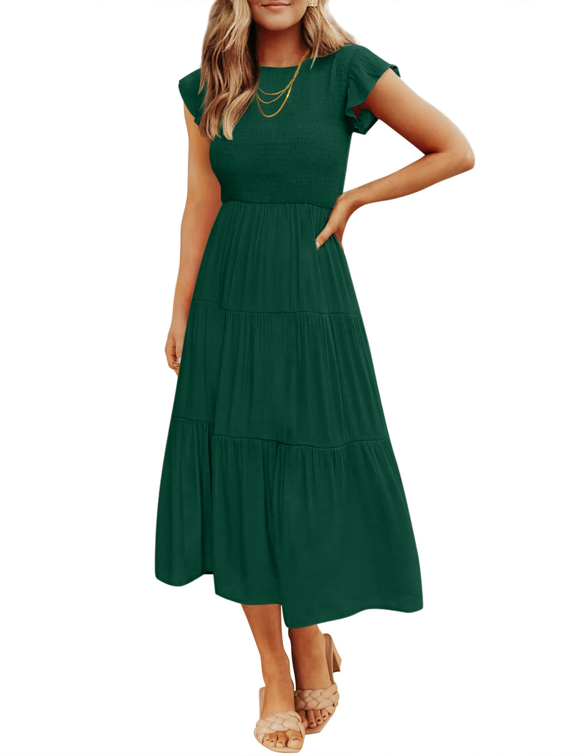 ZESICA Women's 2026 Summer Casual Flutter Short Sleeve Smocked Midi Dress