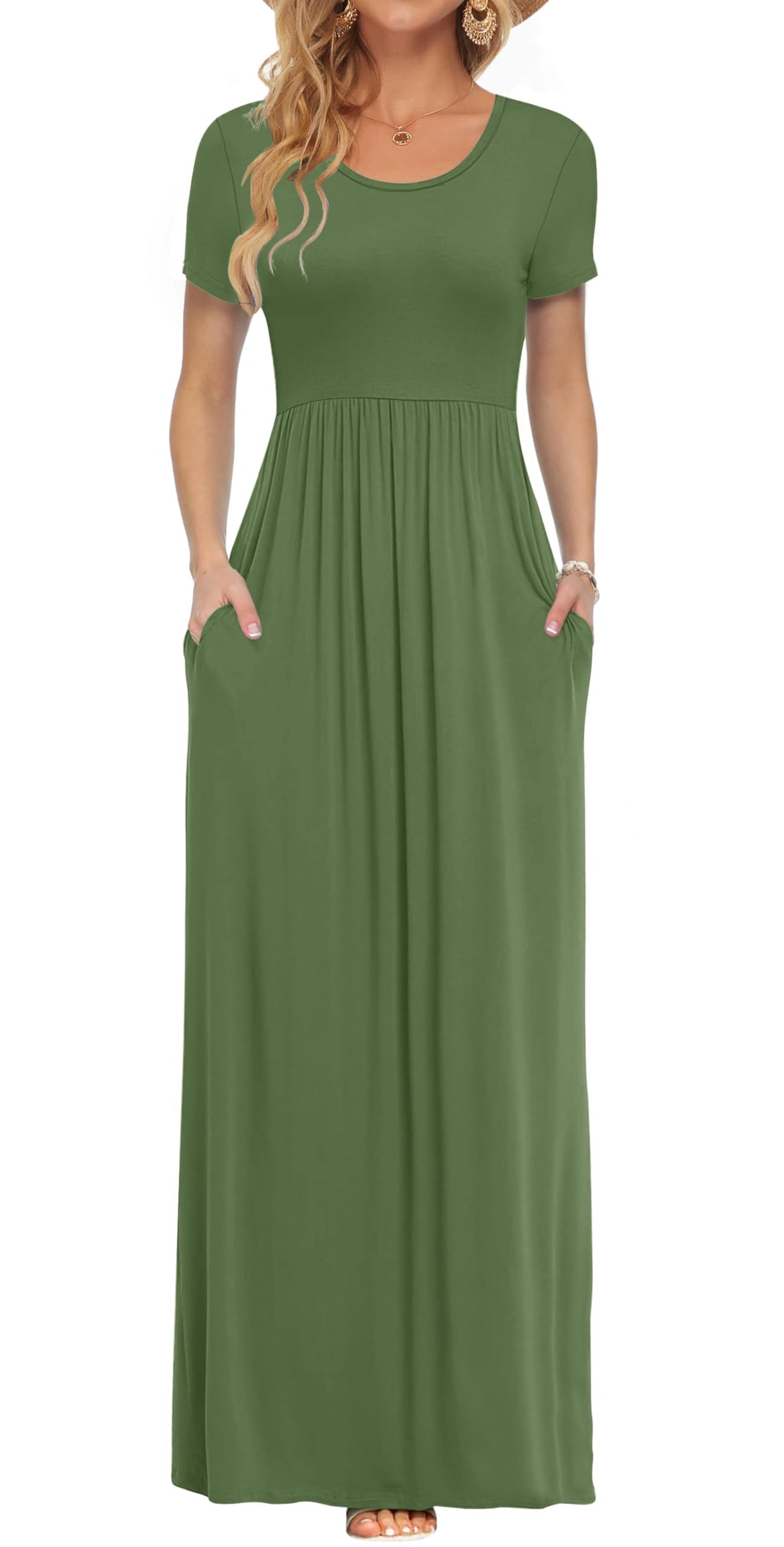 AUSELILY Women's Summer Short Sleeve Loose Plain Casual Long Maxi Dresses