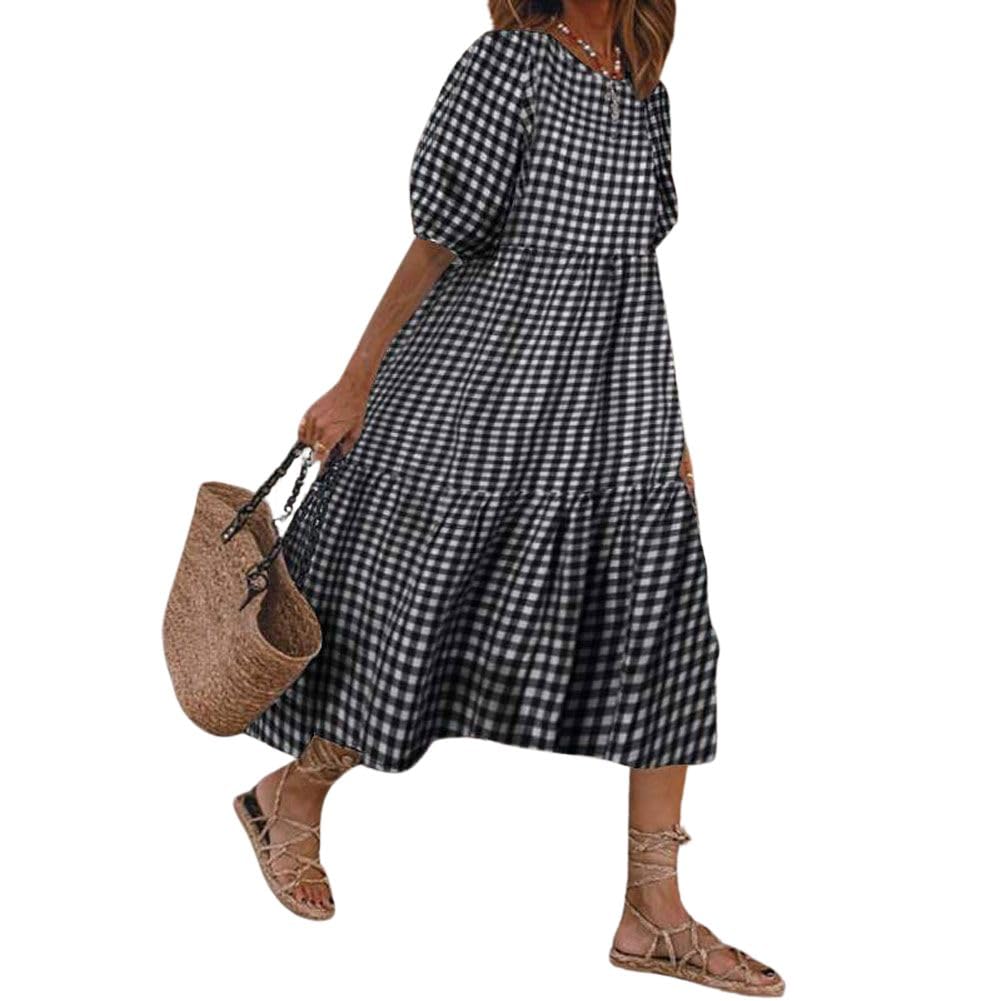 chouyatou Women's Retro Lantern Puff Sleeve Plaid Dress Gingham Swing Tiered Midi Long Dress