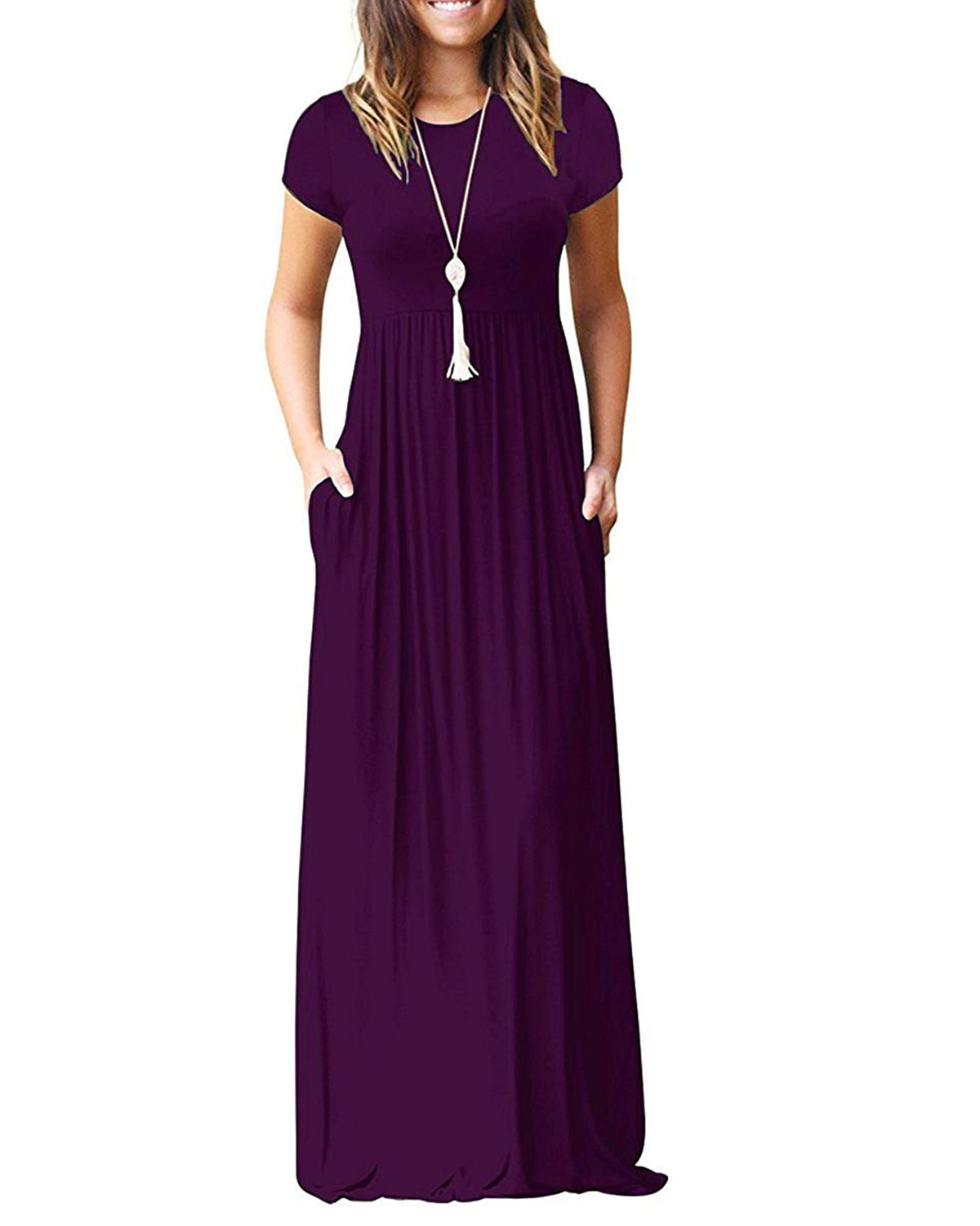 AUSELILY Women's Summer Short Sleeve Loose Plain Casual Long Maxi Dresses