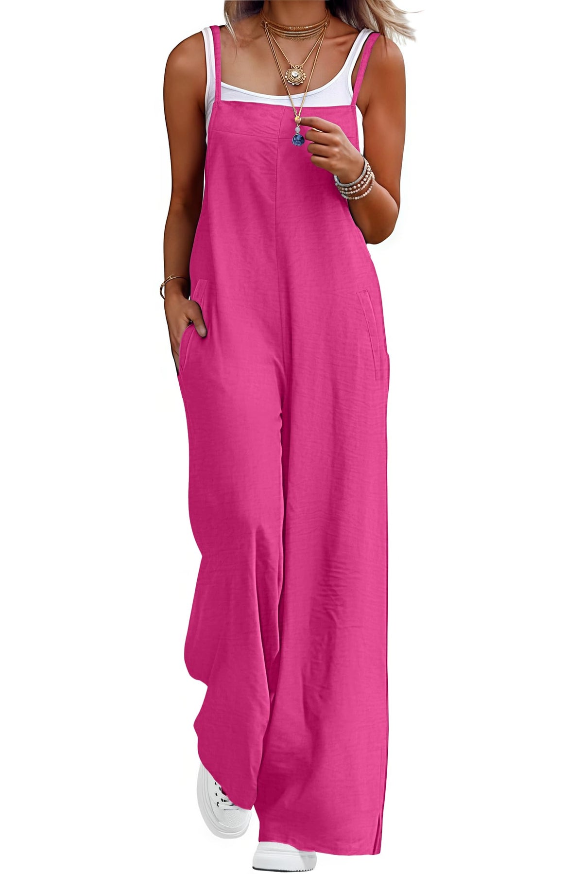 Lepunuo Womens Casual Loose Jumpsuits Summer Boho Wide Leg Rompers Sleeveless Overalls with Pockets