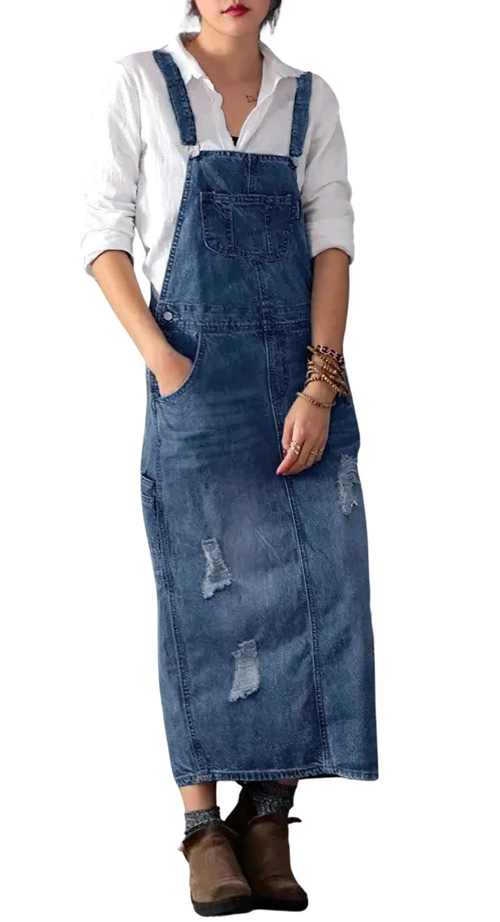 chouyatou Women's Adjustable Strap Distressed Denim Overall Dress A-Line Pinafore Jean Dress with Split