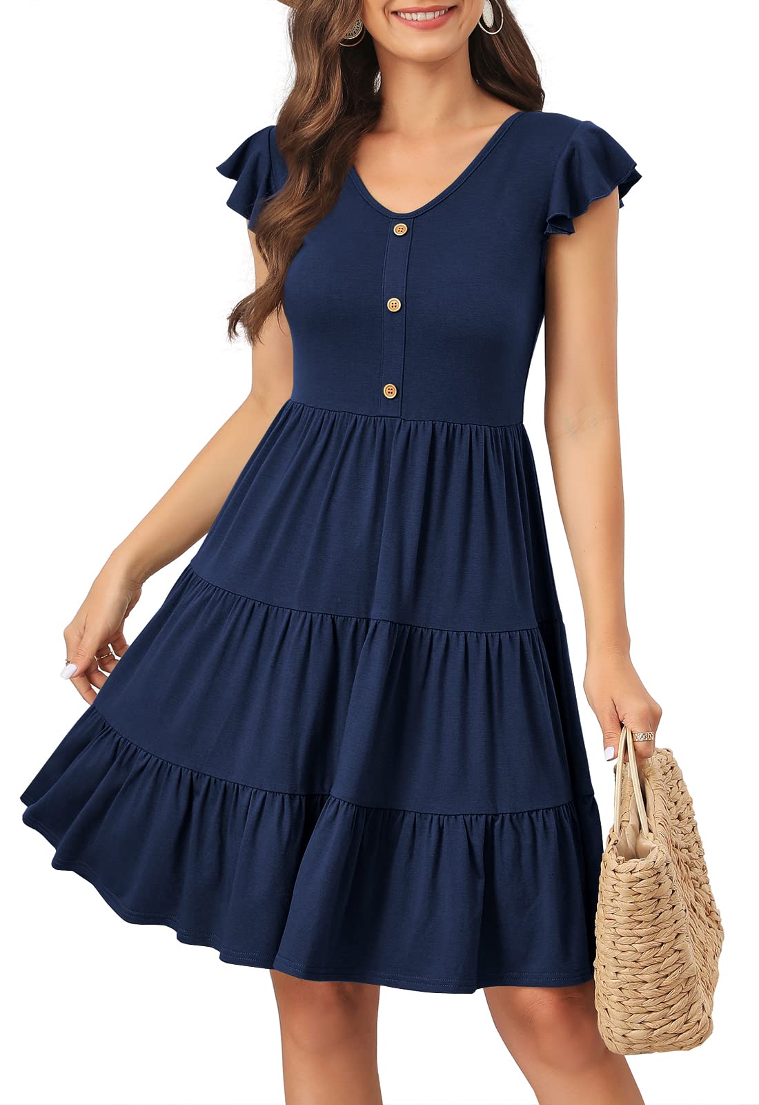 Lamilus Summer Dresses for Women 2026 Ruffle Sleeve V Neck Non-See Through Tiered Babydoll Mini Dress Graduation Beach