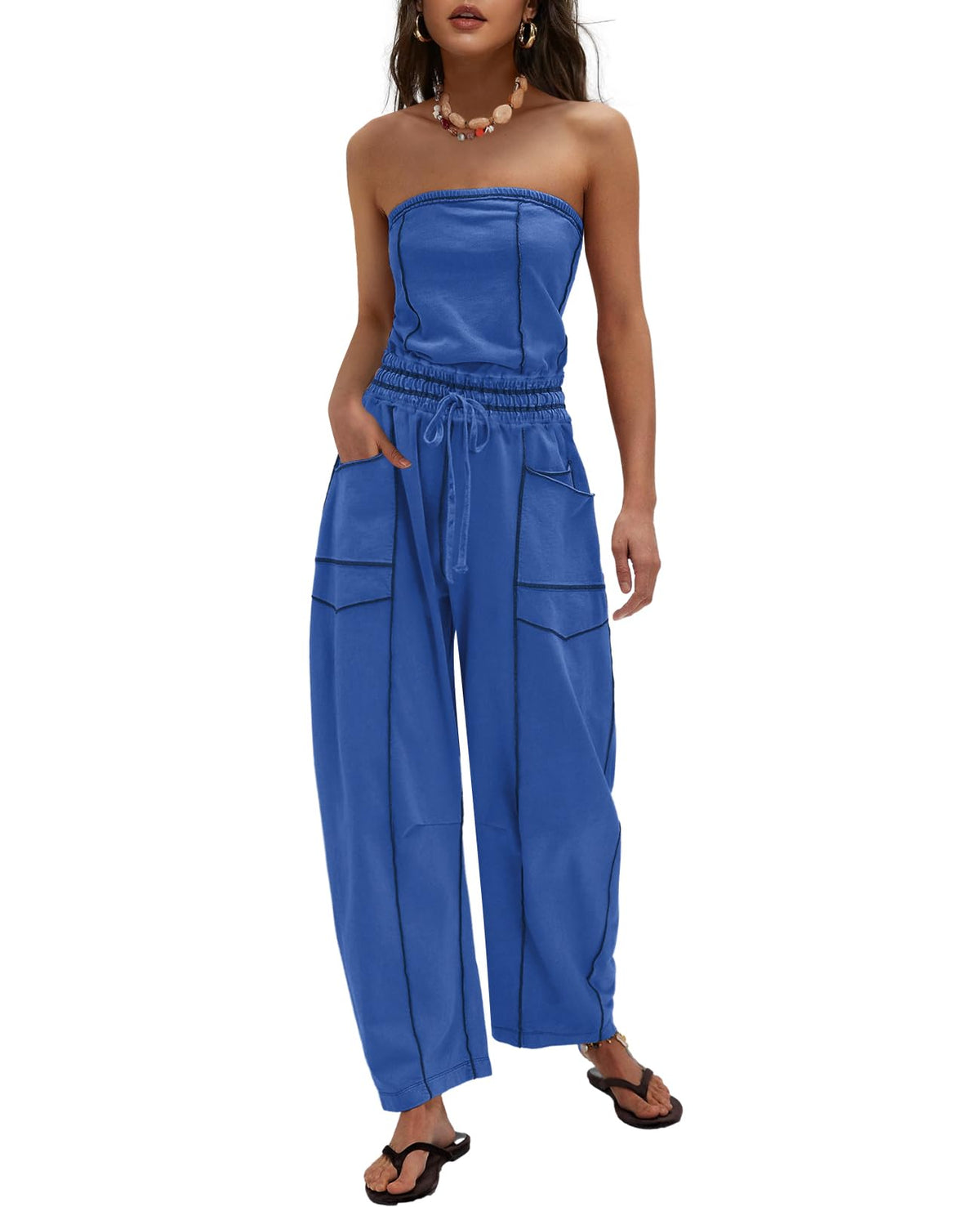LAMISSCHE Womens Casual Strapless Jumpsuits off the Shoulder Summer Rompers Sleeveless One Piece Outfits with Pockets