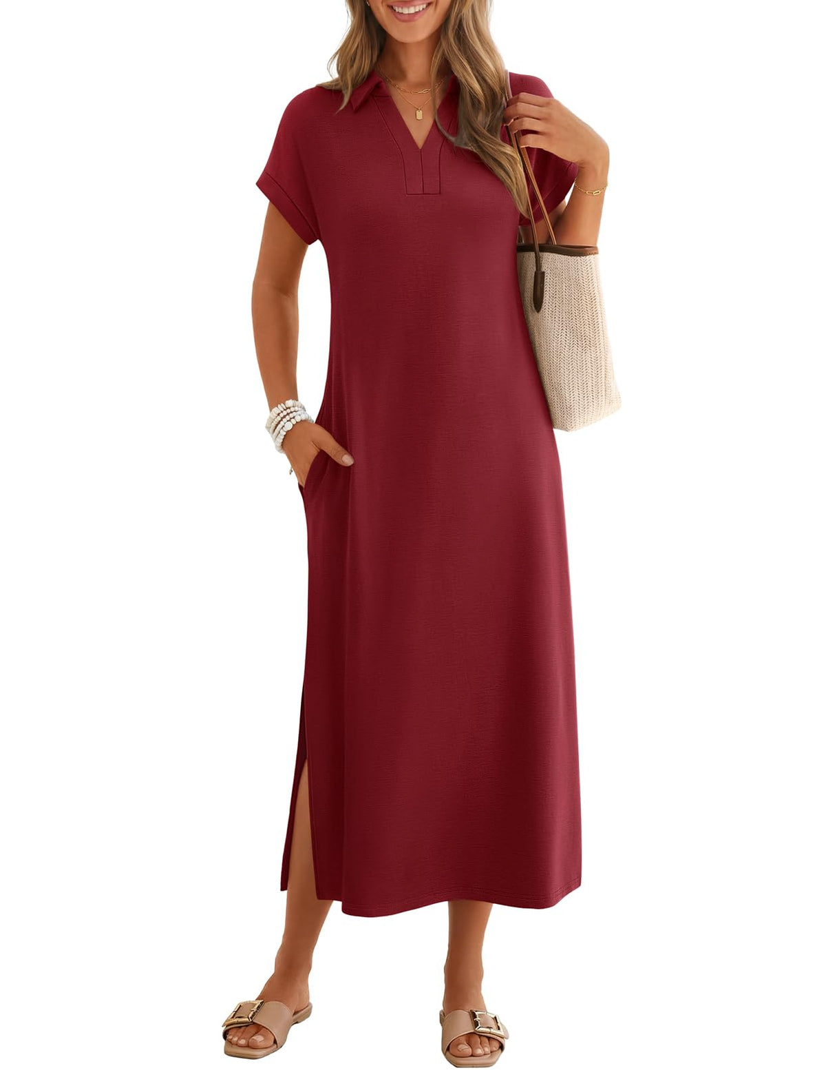 MEROKEETY Women's Summer Casual V Neck Collared T Shirt Long Maxi Dress