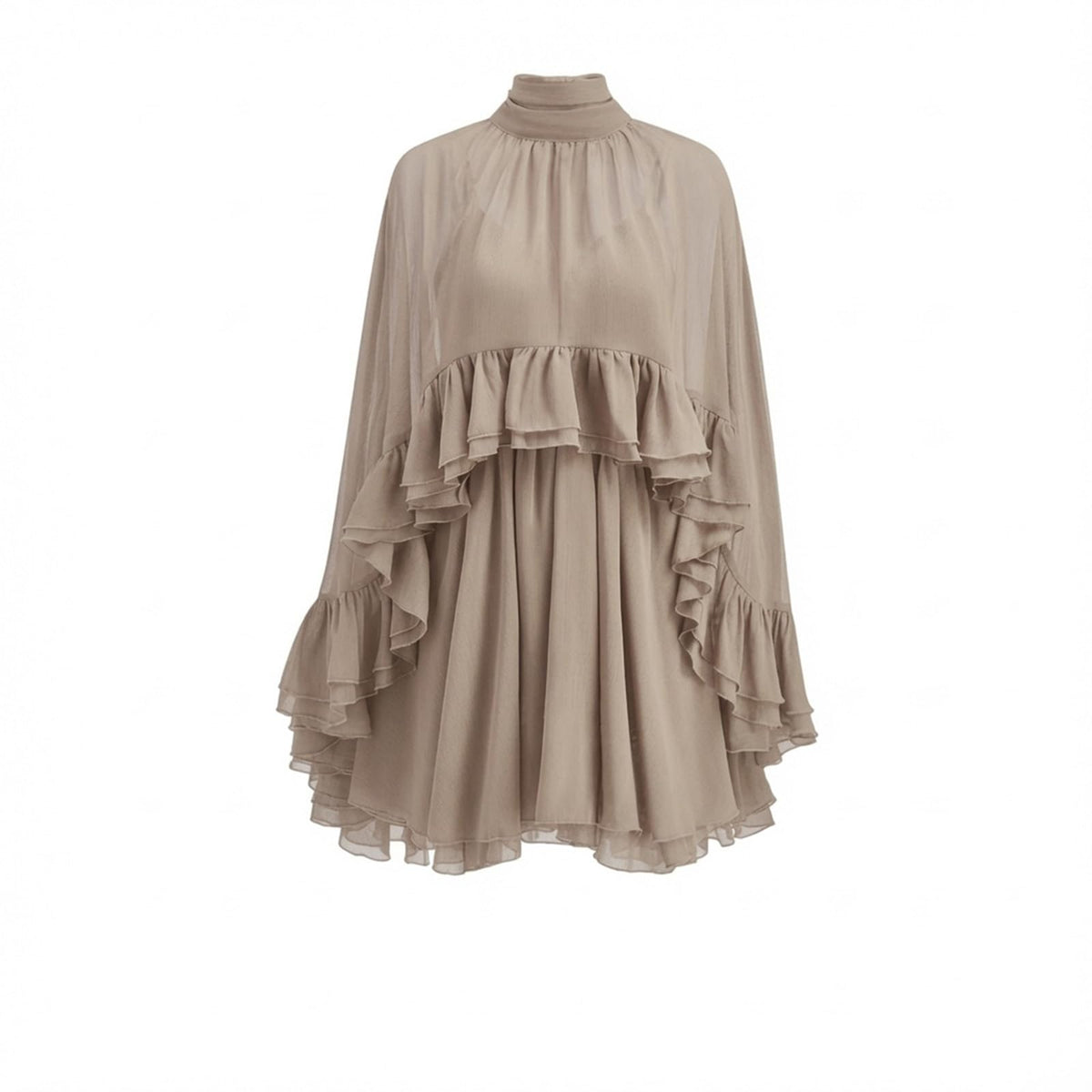 Women’s Semi Sheer Chiffon Ruffle Dress with Outer Cape, Poncho Sleeve Flowy Mini Dress, Loose Fit Elegant Summer Dress