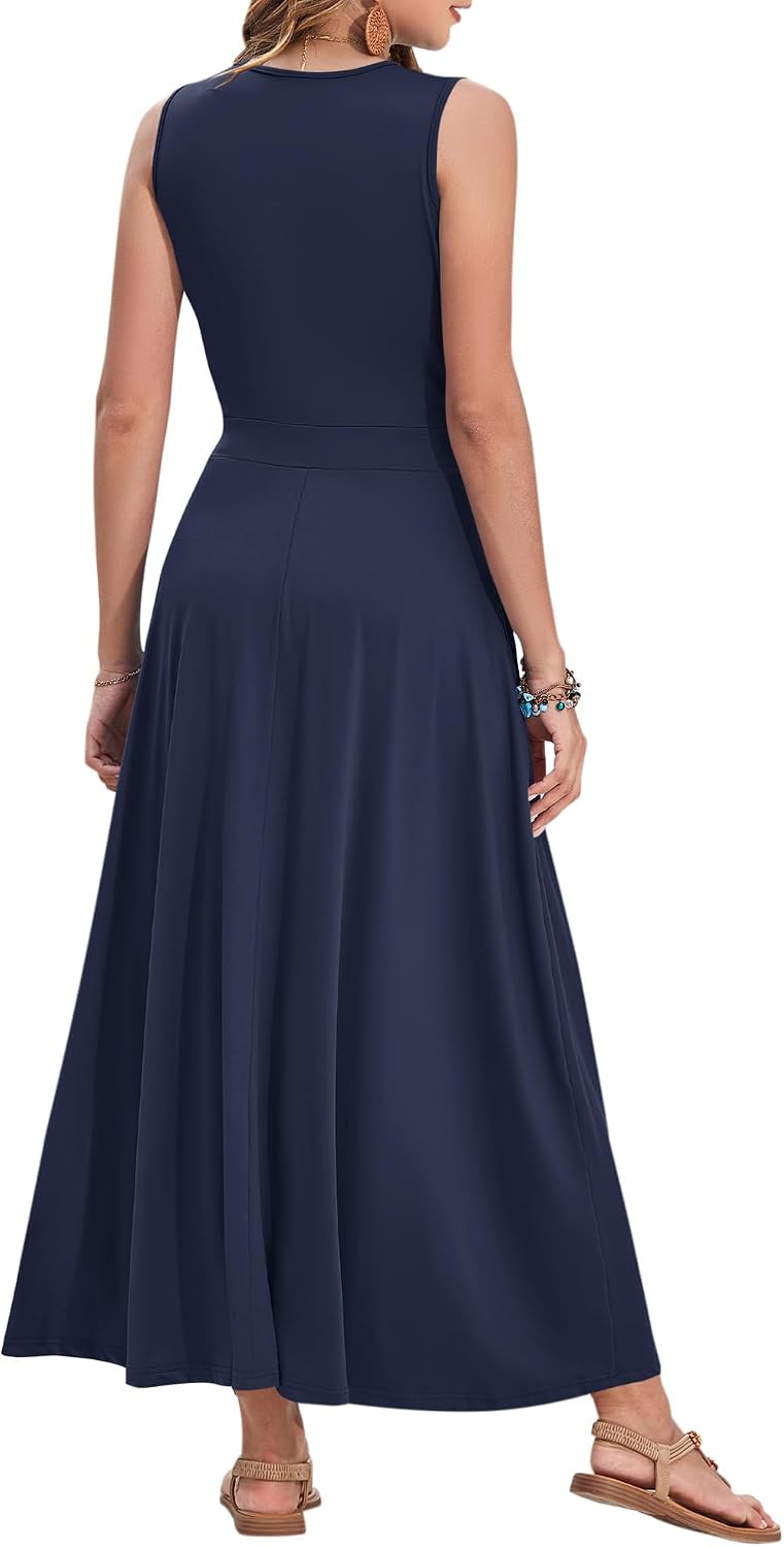 AUSELILY Womens Maxi Dress Summer Sleeveless Wrap Long Dresses with Pockets