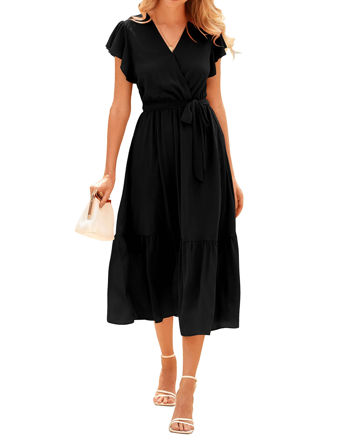 BTFBM Women Summer Casual Wrap V Neck Ruffle Cap Sleeve Belted Midi Dress