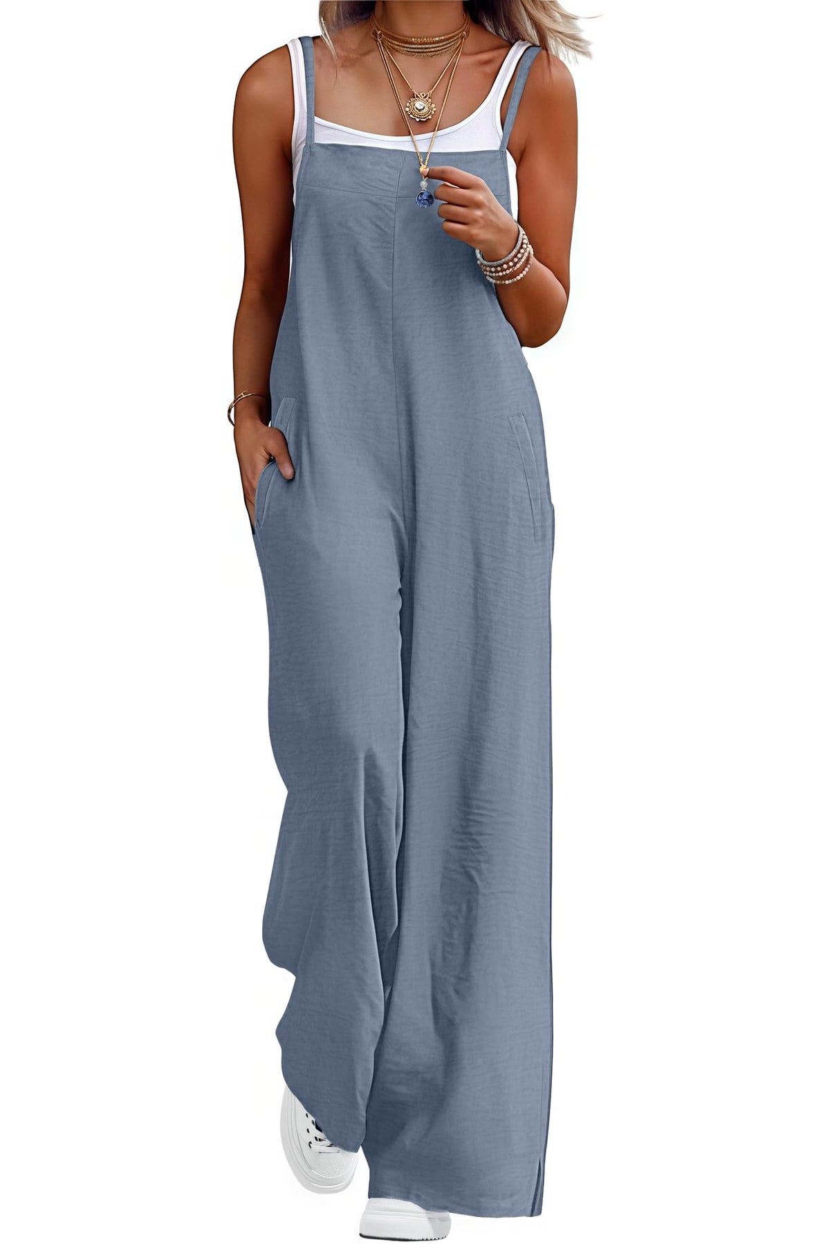 Lepunuo Womens Casual Loose Jumpsuits Summer Boho Wide Leg Rompers Sleeveless Overalls with Pockets