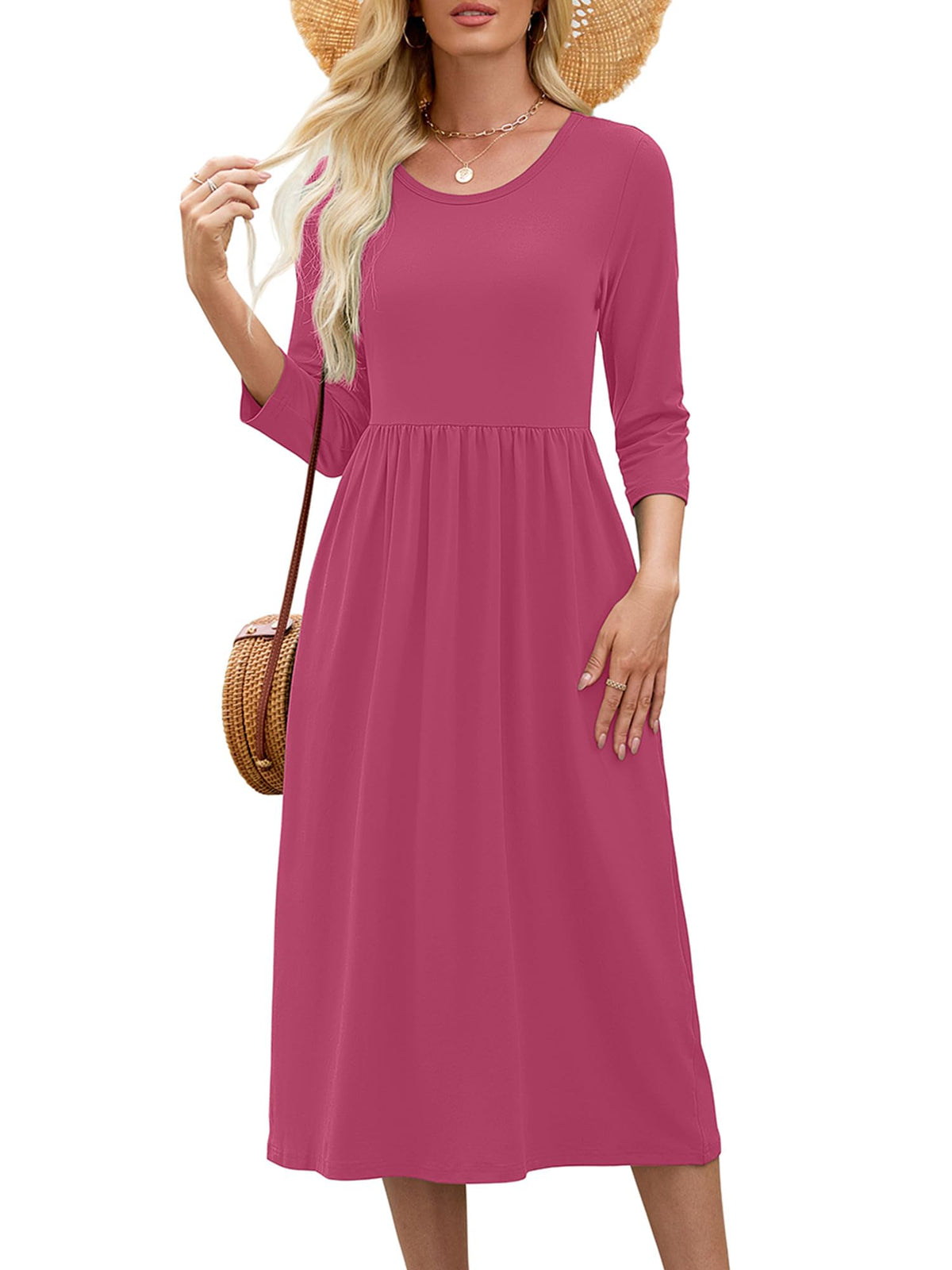 Heymoments Women's Casual 3/4 Sleeve Midi Dress with Pockets
