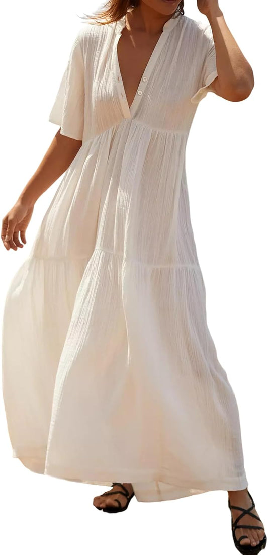 R.Vivimos Womens Summer Cotton Casual Flowy Maxi Dress