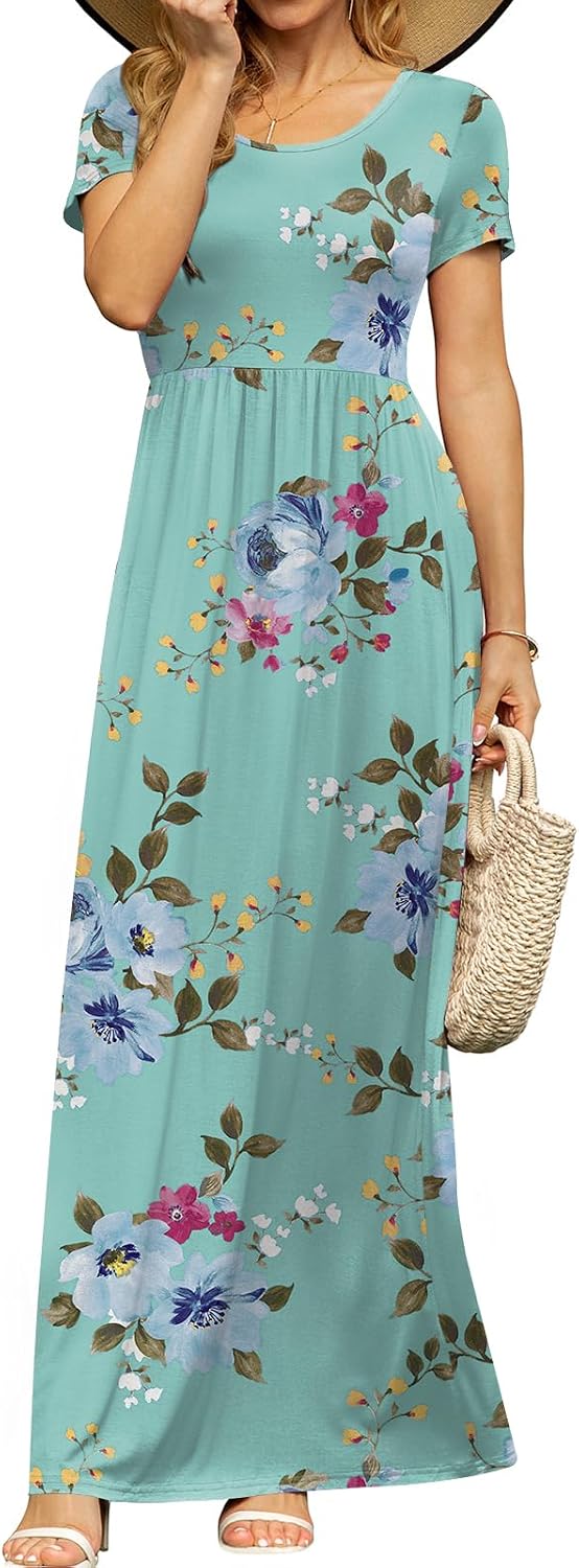 DB MOON Women's Summer Maxi Dress Casual Short Sleeve Empire Waist Pockets