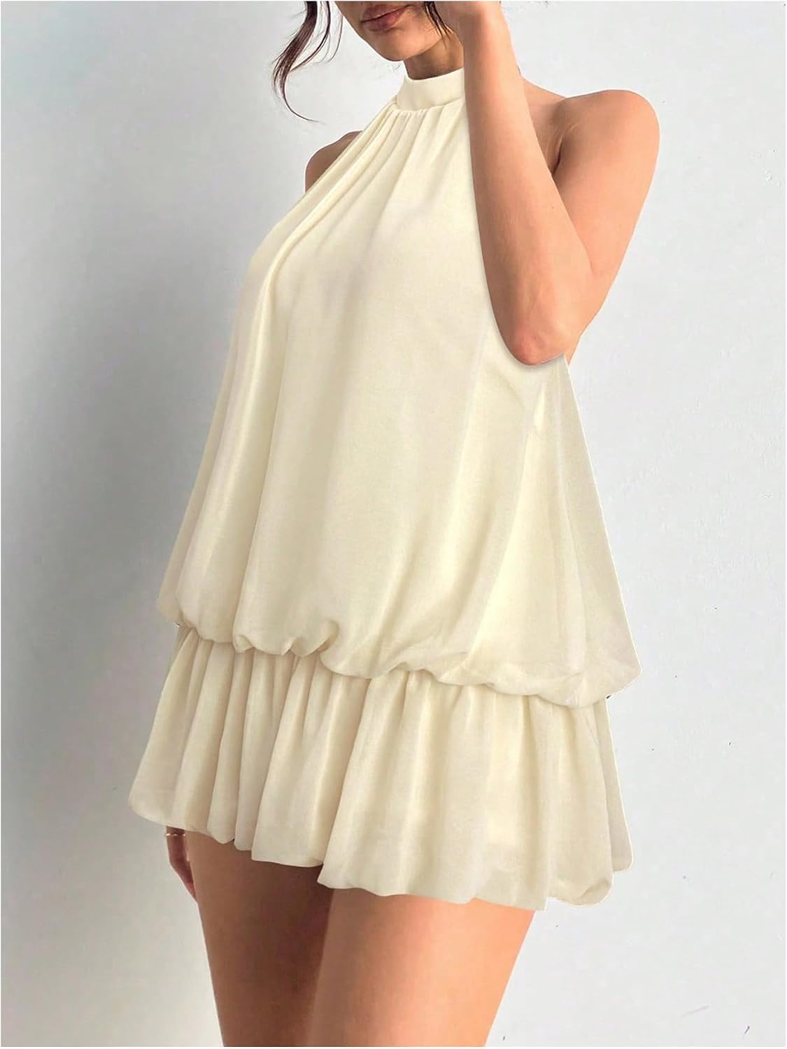 Floerns Women Backless Sleeveless Ruffle Bubble Hem Mesh Halter Mini Dress