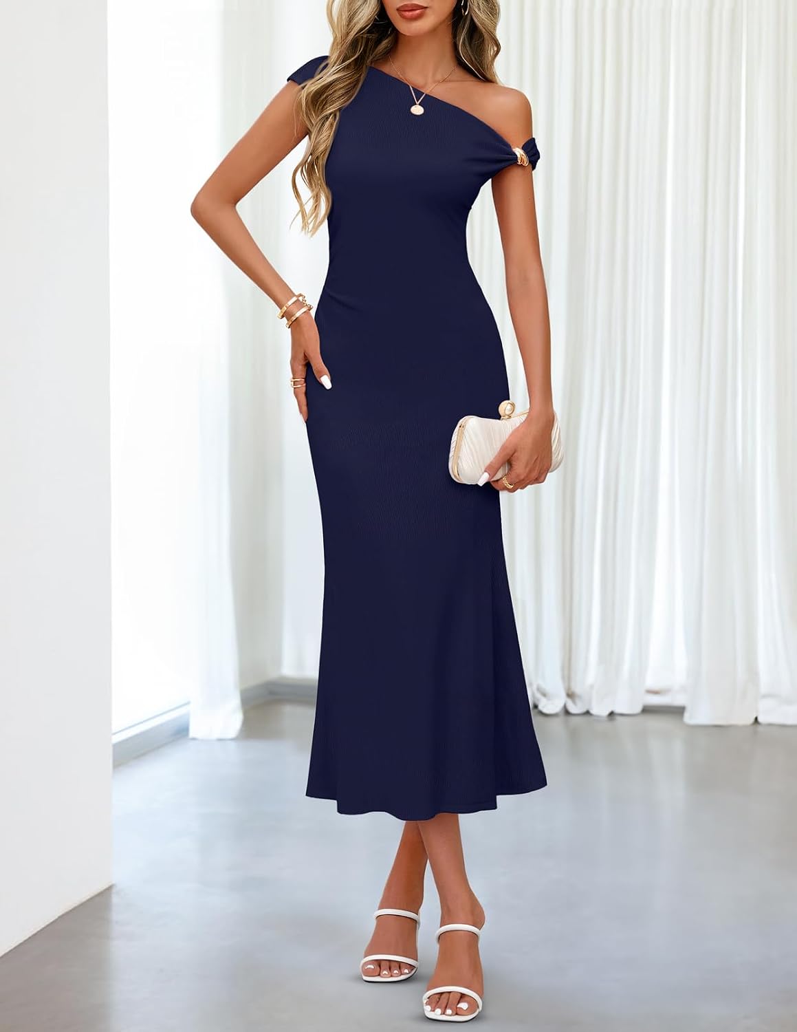 MEROKEETY Women's Wedding Guest One Shoulder Dresses 2026 Summer Formal Elegant Cocktail Party Midi Dress