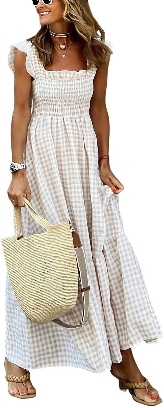 chouyatou Women's Retro Plaid Smocked Dress Spaghetti Strap Flounce Long Dress