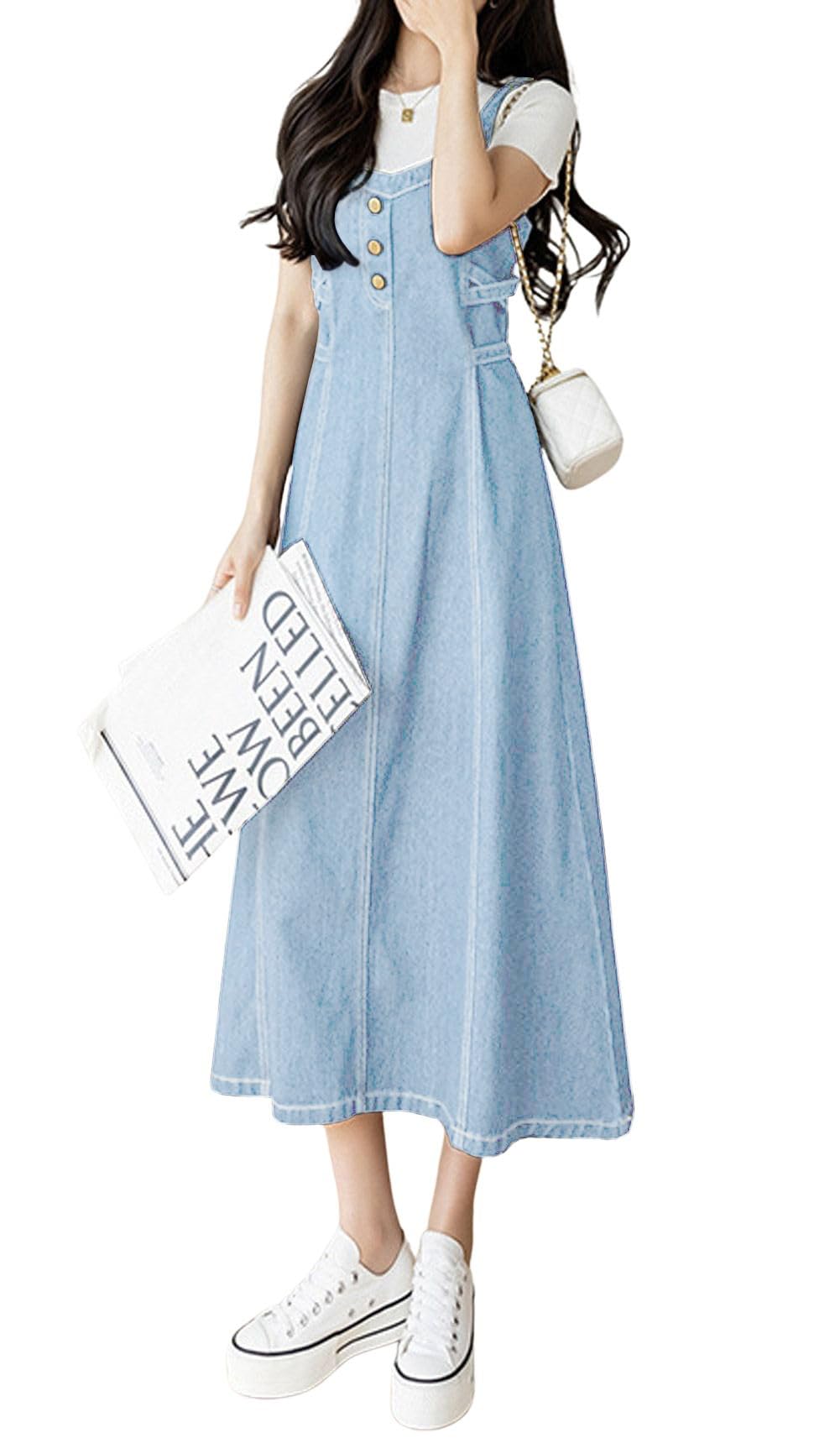 CHARTOU Women's Elegant Straps Back Smocked A-Line Long Skirt Denim Overall Pinafore Dress