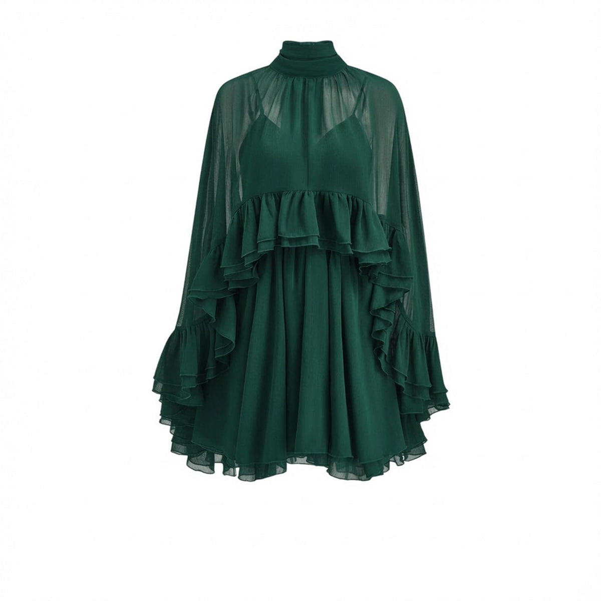 Women’s Semi Sheer Chiffon Ruffle Dress with Outer Cape, Poncho Sleeve Flowy Mini Dress, Loose Fit Elegant Summer Dress