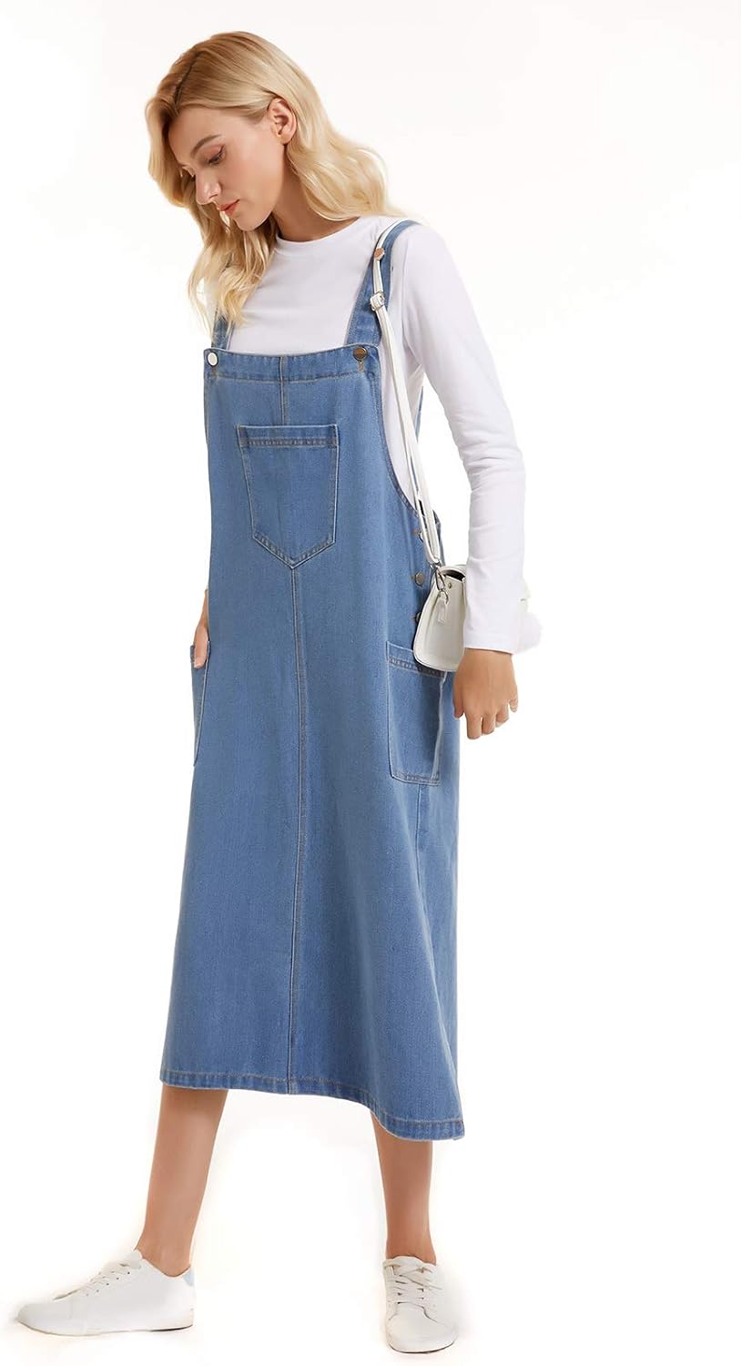 Spanye Women Denim Dress Baggy Overalls Jumpsuit Casual Bib A-Line Dress Rompers With Pockets