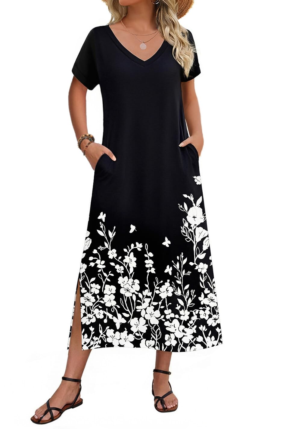 Zeagoo Women Summer Floral Dress Short Sleeve Beach Dress with Pockets Casual V-Neck Split Long T-Shirt Dress Travel Vacation