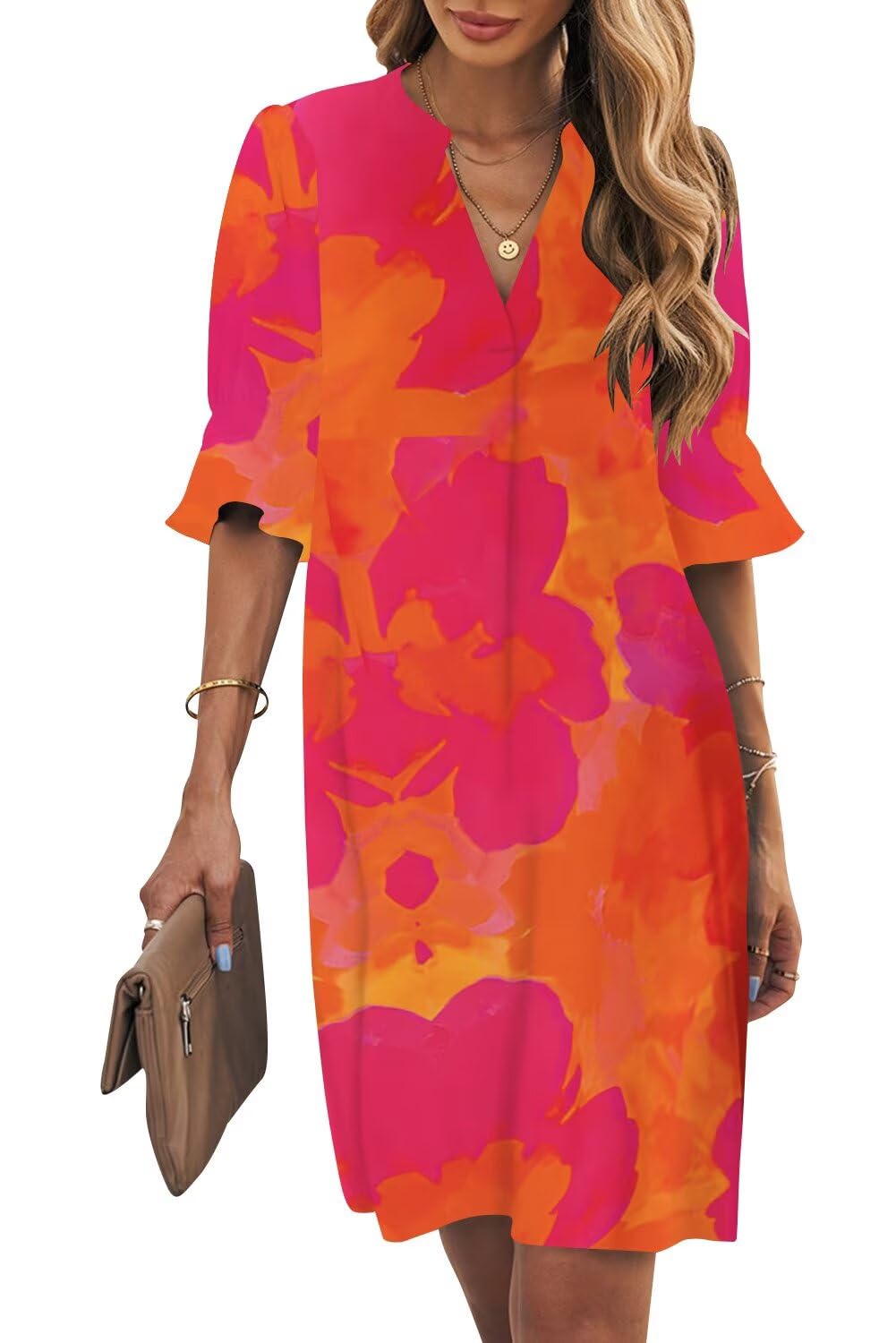Wkior Womens Summer Ruffle Short Sleeve V Neck Shift Dress