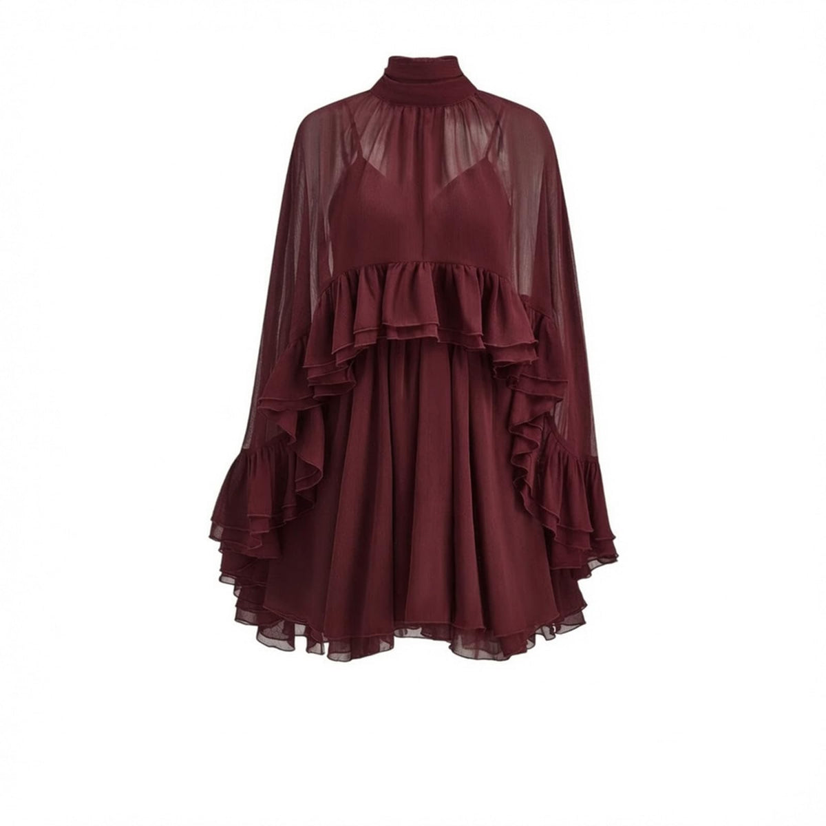 Women’s Semi Sheer Chiffon Ruffle Dress with Outer Cape, Poncho Sleeve Flowy Mini Dress, Loose Fit Elegant Summer Dress