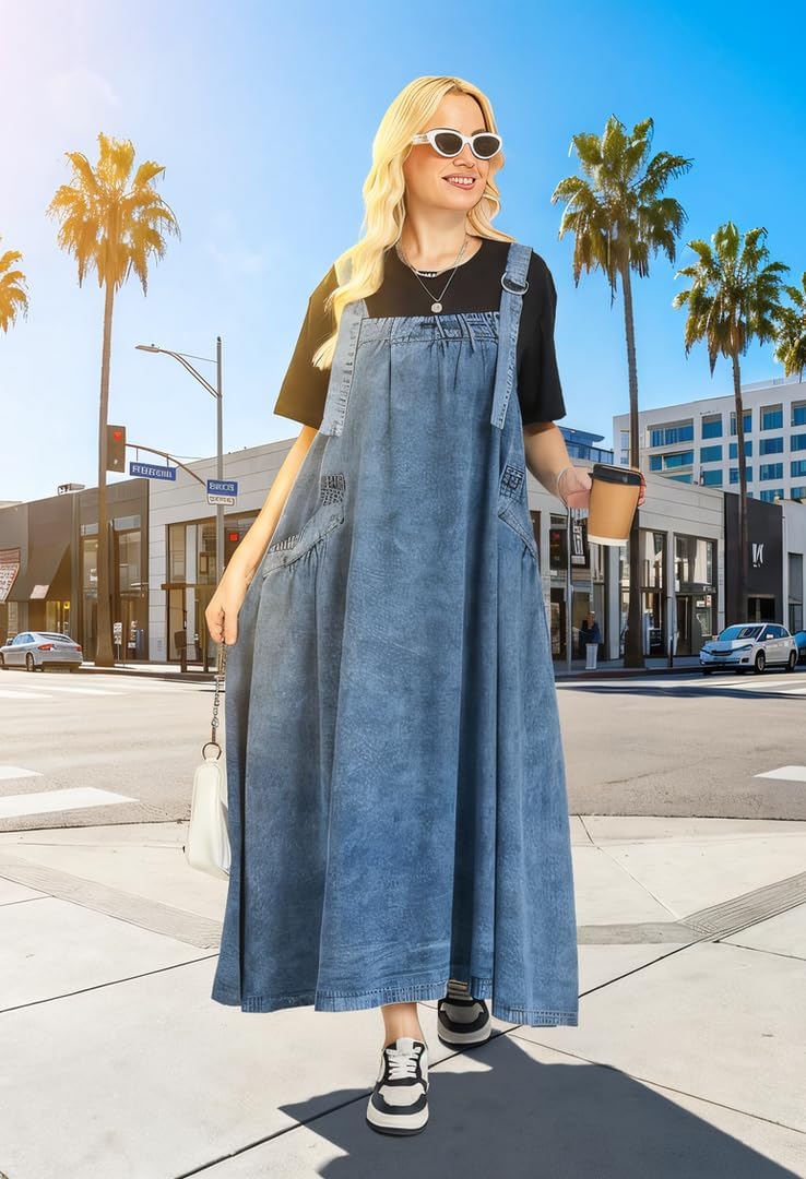 Denim Jumper Dress for Women Loose Version Baggy Style Maxi Length Adjustable Straps Wide Hemline