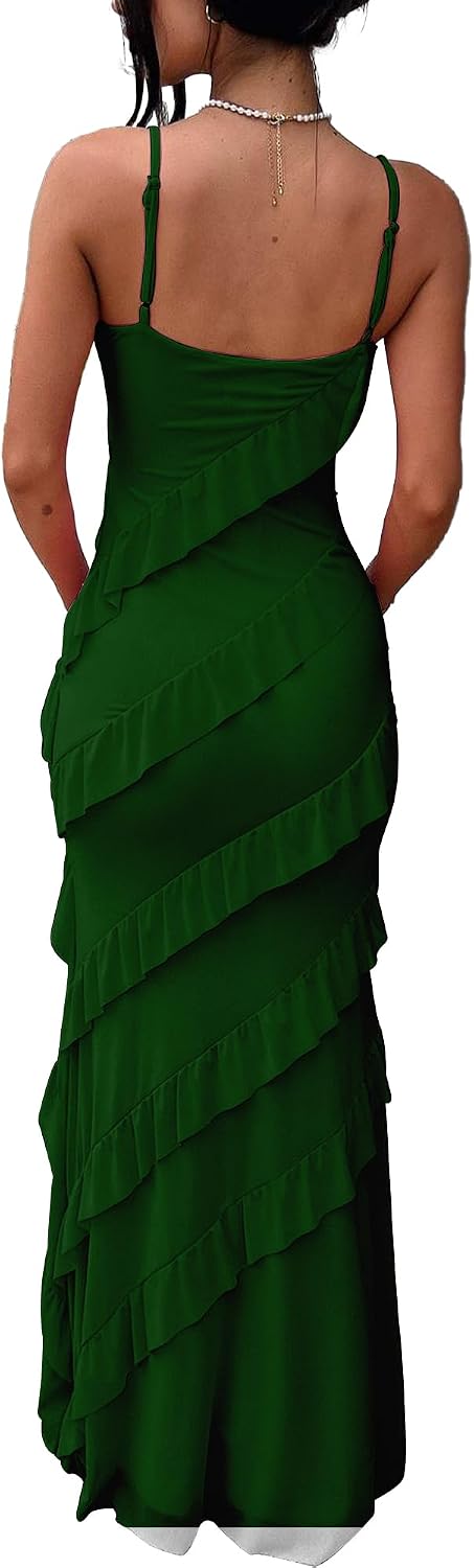 HOCILLE Women's Sexy V Neck Mesh Bodycon Wedding Guest Cocktail Maxi Dress