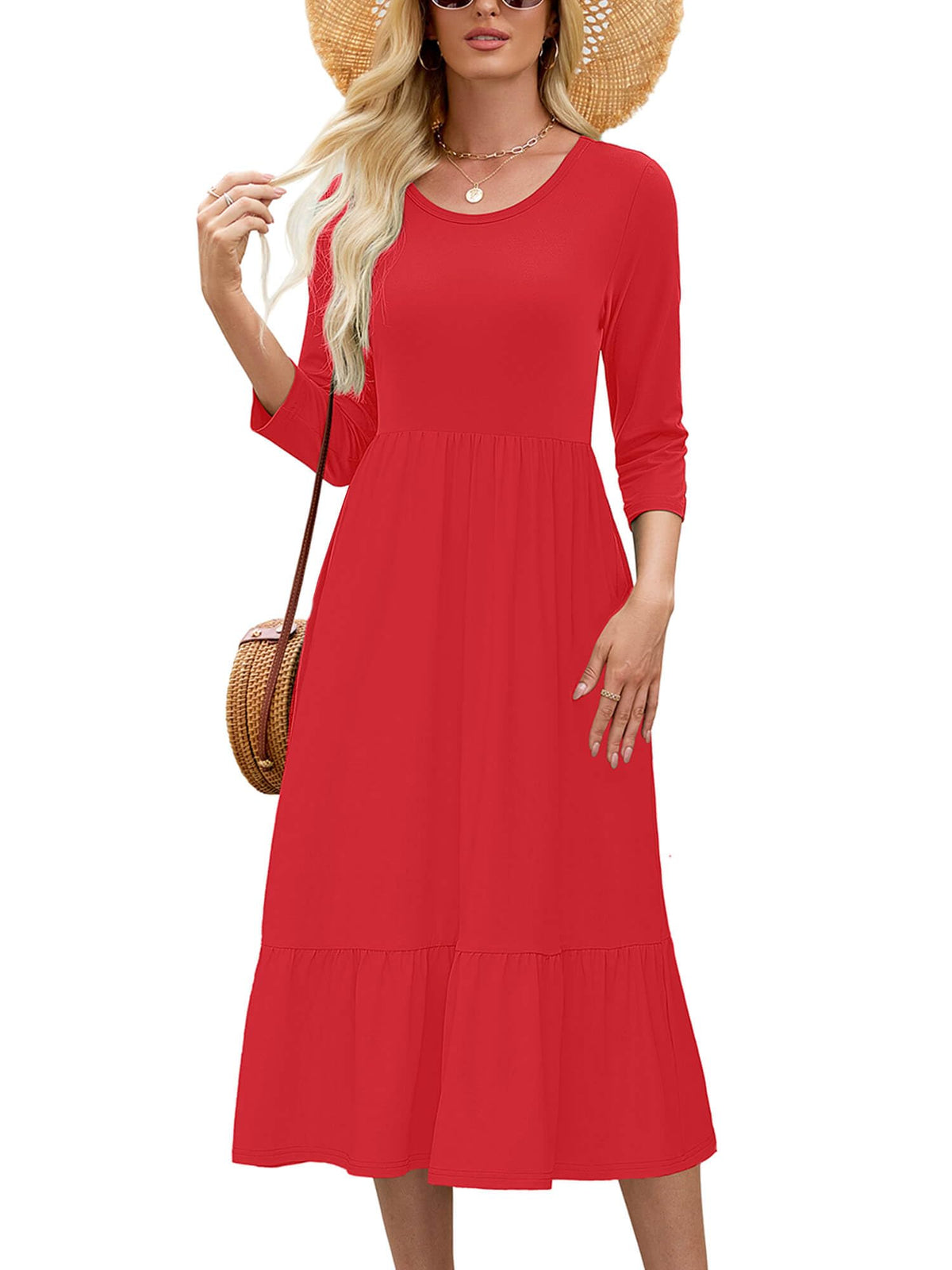 Heymoments Women's Casual 3/4 Sleeve Midi Dress with Pockets