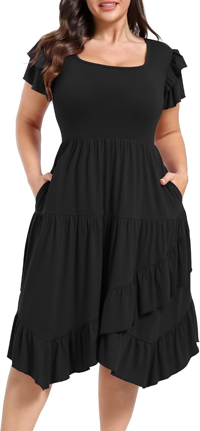 Womens Plus Size Casual Dress Square Neck Double Ruffle Short Sleeves 2 Pockets Ruffled Hem Flowy Dresses