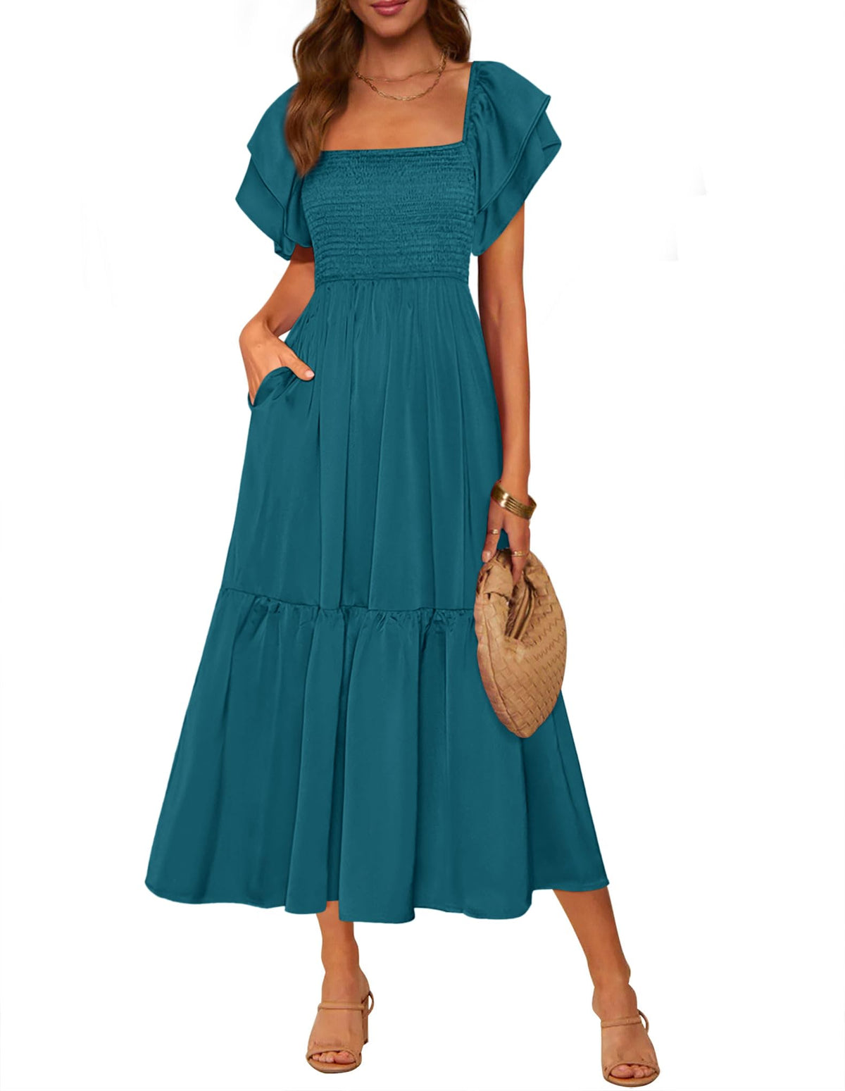 MASCOMODA Womens Summer Casual Smocked Flowy Midi Dress