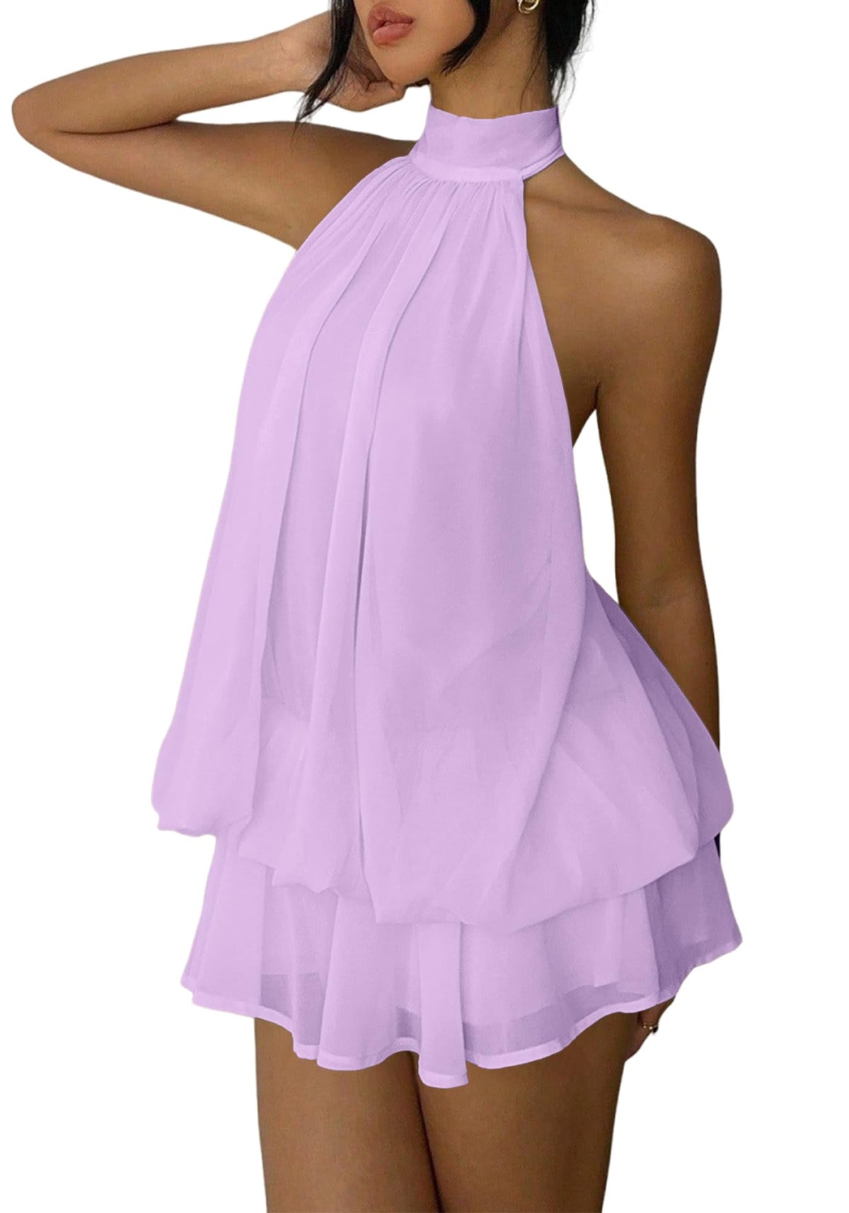 Women's Chiffon Halter Drop Waist Mini Dress Wedding Guest Dresses Ruffle Formal Holiday Club Brunch Outfits