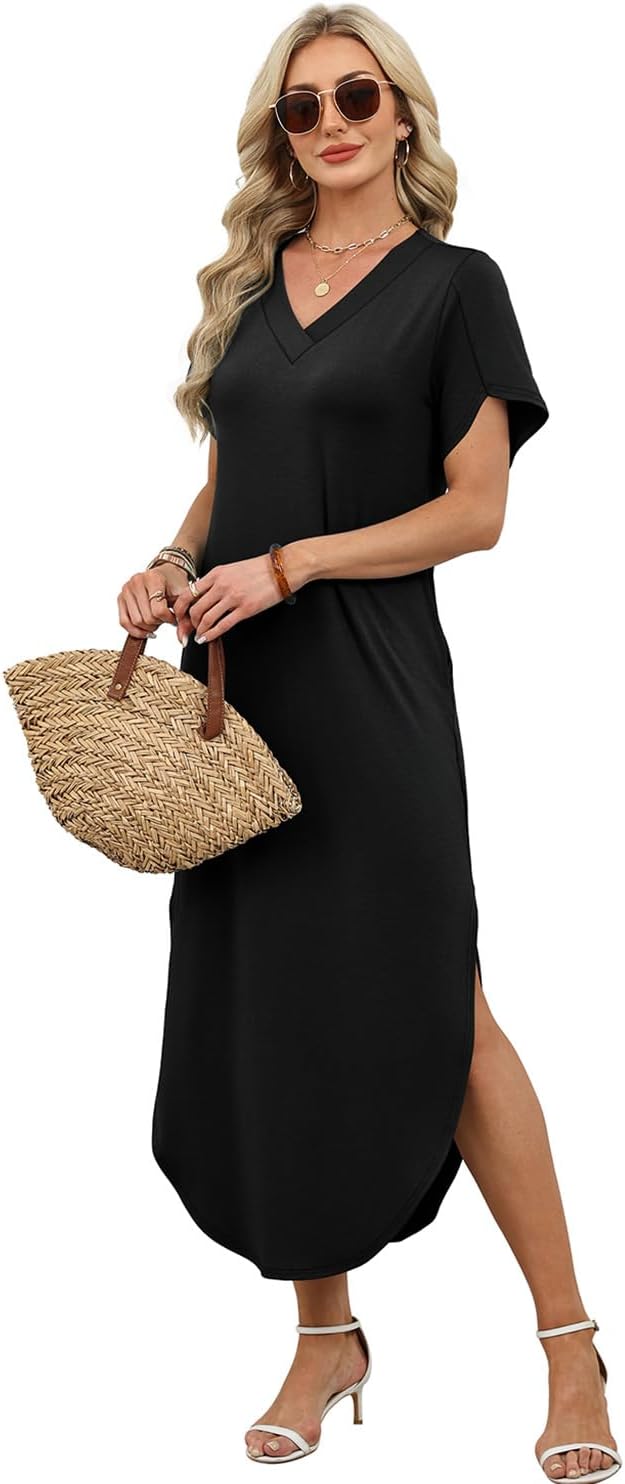 WIHOLL Summer Dresses for Women Short Sleeve Maxi Dresses V Neck Sundress with Side Slit Pockets Casual Beach Dress
