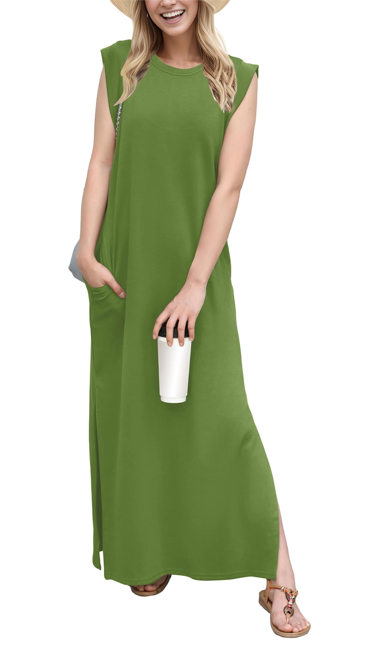 GRECERELLE 2026 Women Year-Round Casual Round Neck Loose Split Wrinkle-Free Long Maxi Vacation Dress with Pockets (XXS-4XL)