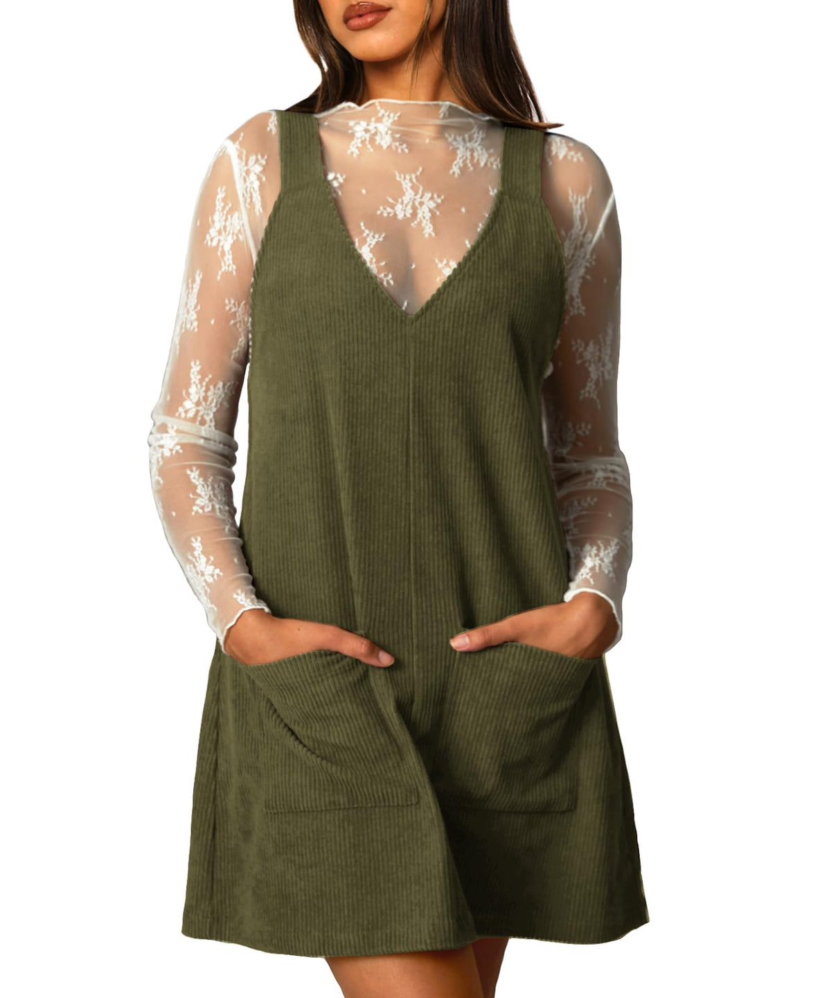 Navneet Women Corduroy Overall Dress V Neck Pinafore Jumper Mini Dress